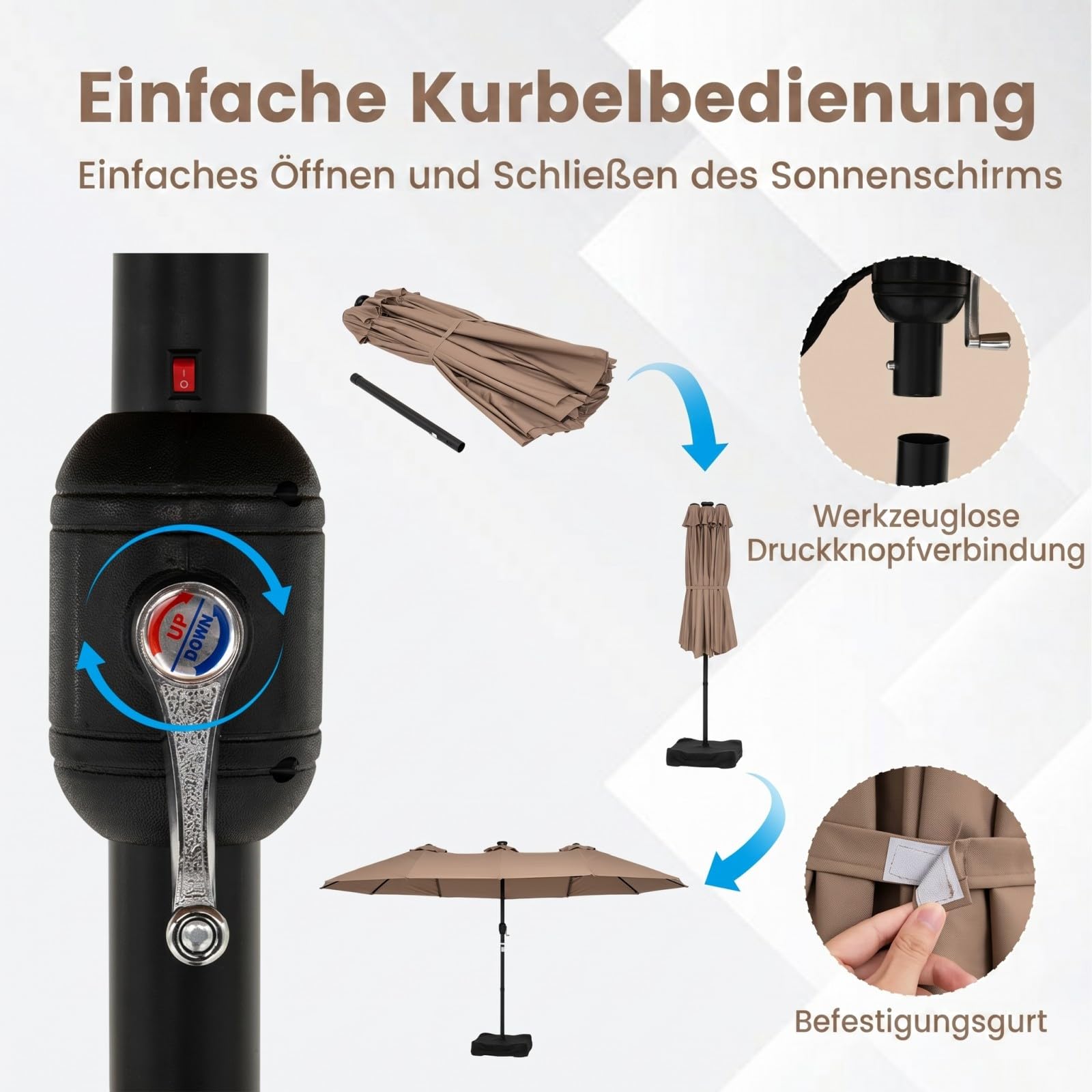 COSTWAY Doppelsonnenschirm mit Ständer und LED-Solar-Beleuchtung, 450 x 260 cm, Sonnenschirm Groß XXL, UPF 50+, Gartenschirm mit Kurbel, Terrassenschirm, Marktschirm für Garten, Terrasse, Beige