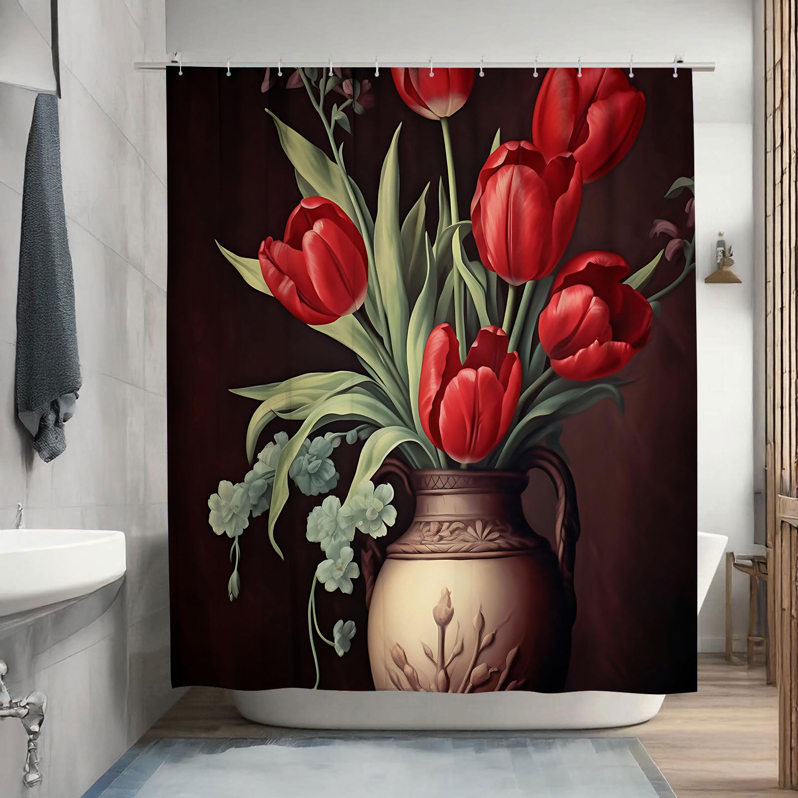 Tulips Flower Shower Curtain, Beauty Floral Abstract Shower Curtain Sets with 12 Shower Curtain Hooks, Hotel Washable Farmhouse Polyester Fabric