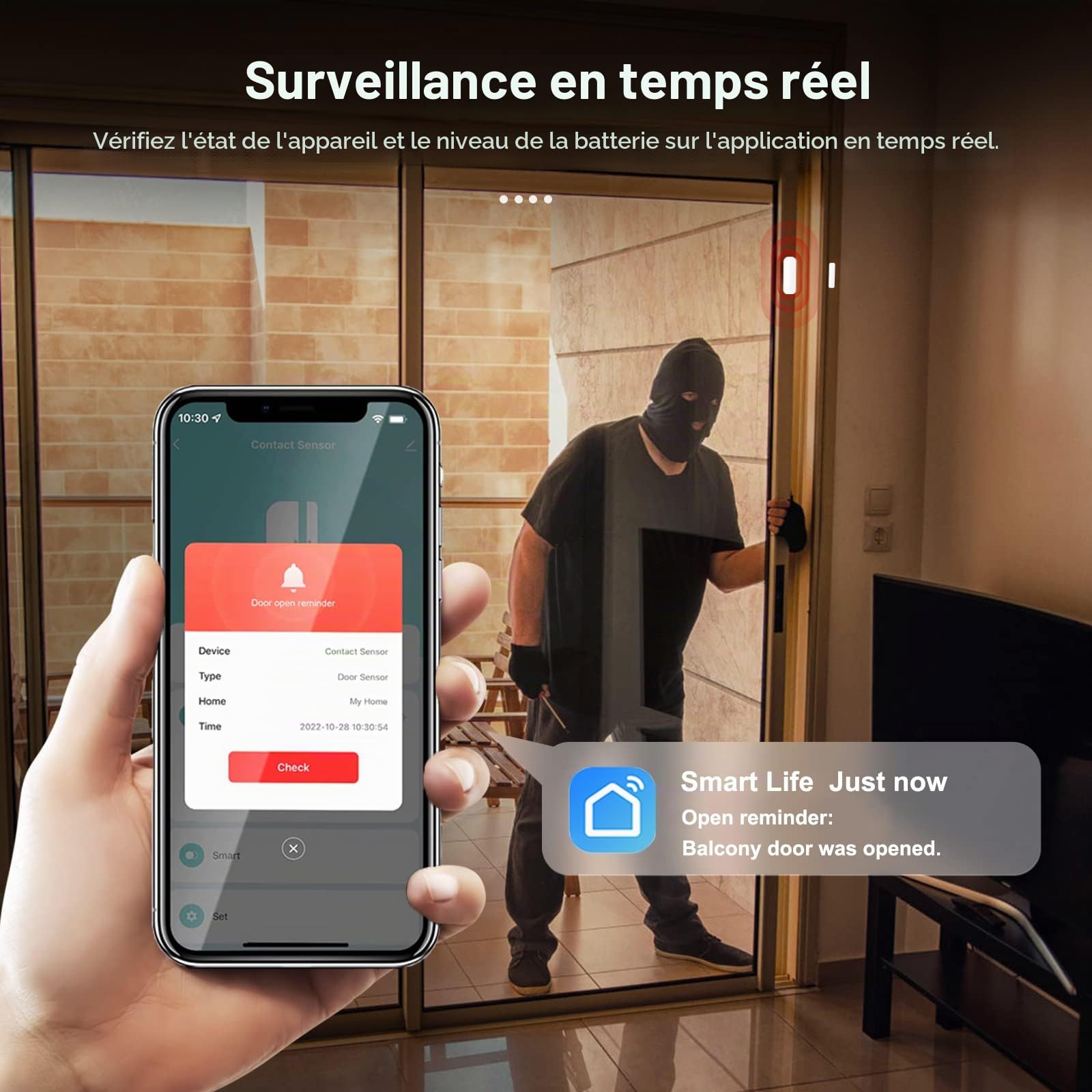 Capteur WiFi intelligent pour portes et fenêtres, alarme de porte et fenêtre, capteur intelligent de contact de porte et de fenêtre pour la sécurité de la maison compatible avec Alexa. 4PCS