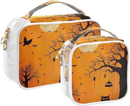 Bolsa de aseo transparente para Halloween, calabaza, murciélagos, árbol, para viajes, paquete de 2 bolsas de cosméticos de maquillaje con