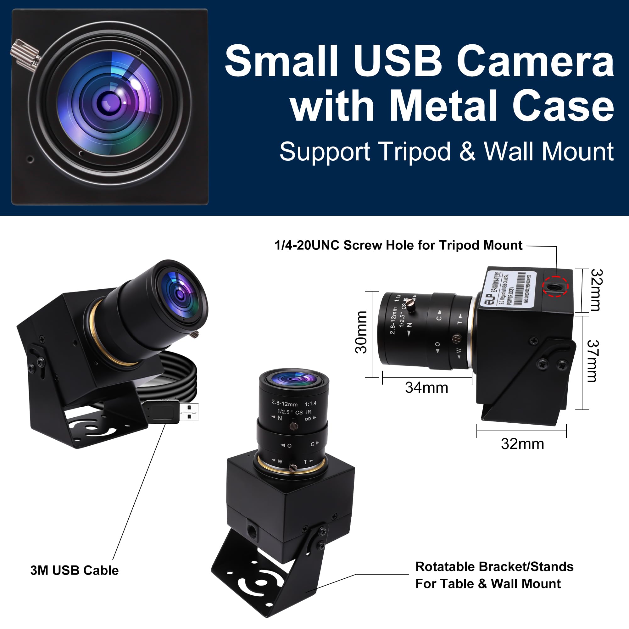 Mermaid Webcam USB 1080P con obiettivo zoom, fotocamera Full HD per computer 100fps/60fps/30fps per Windows/Mac/Linux/Android (fotocamera USB 1080P con obiettivo zoom 2.8-12mm)