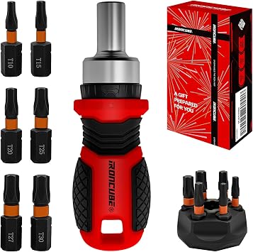 IRONCUBE Magnetic Torx Screwdriver Set 6 in 1 Multi Bit Drive Set with Interchangeable Ratchet Handle - Portable Repair Tool Kit for DIY Bicycle Furniture - Stocking Stuffers with Gift Box