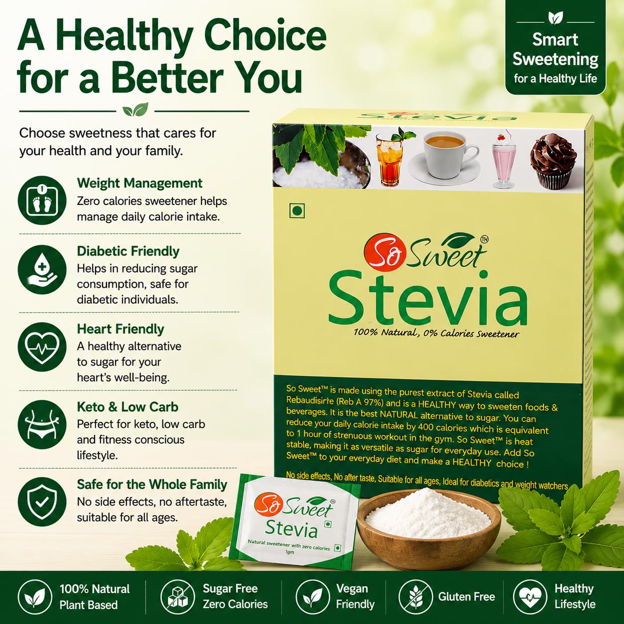 So Sweet Stevia Sachets, 50 Sachets, Zero-Calorie, 100% Natural Sweetener, Sugar-Free, Perfect for Sweetening Drinks, Tea, Coffee, Ideal for Weight Management & Diabetic-Friendly Diets 4