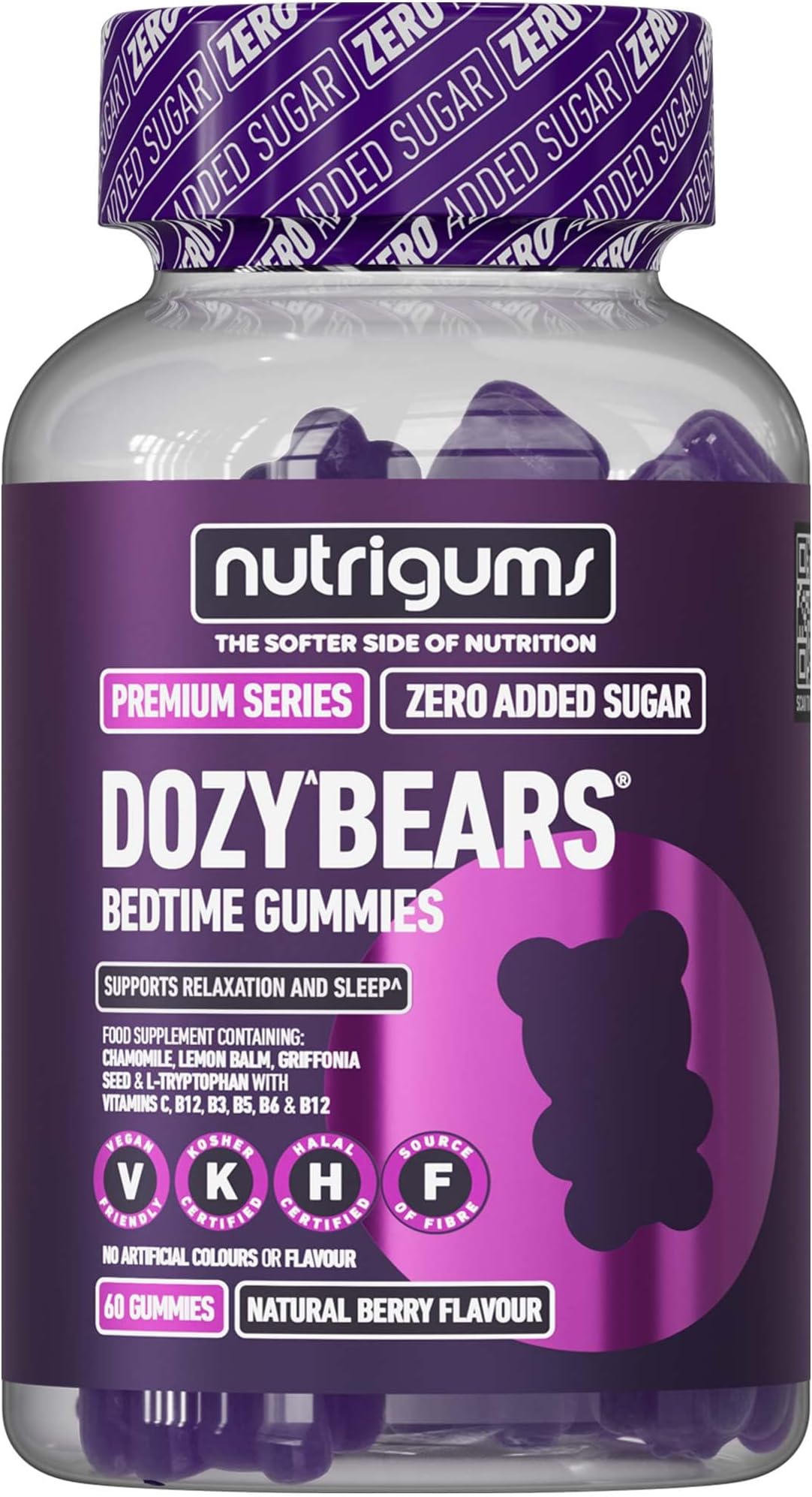 Bedtime Gummies | 5-HTP, L-Tryptophan + Chamomile & Lemon Balm | Vitamins C & B Complex | No Added Sugar | Mixed Berry Flavour | 60 Vegan Gummies | DOZYBEARS®