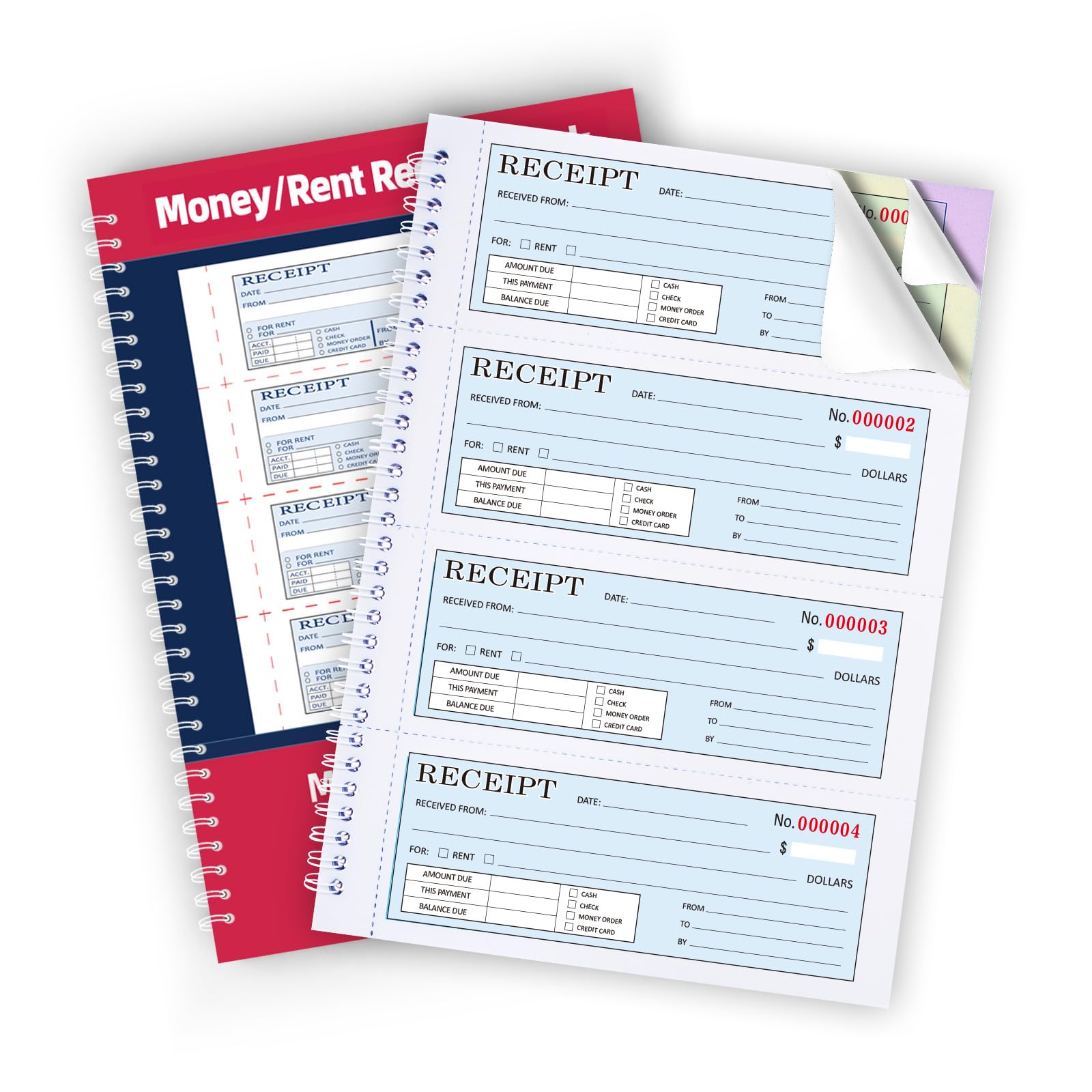 Large Money and Rent Receipt Book with Cardboard Insert,3-Part Carbonless,7.9”x11.2” Spiral Bound,100 Sets per Book,4 Receipts per Page for Office