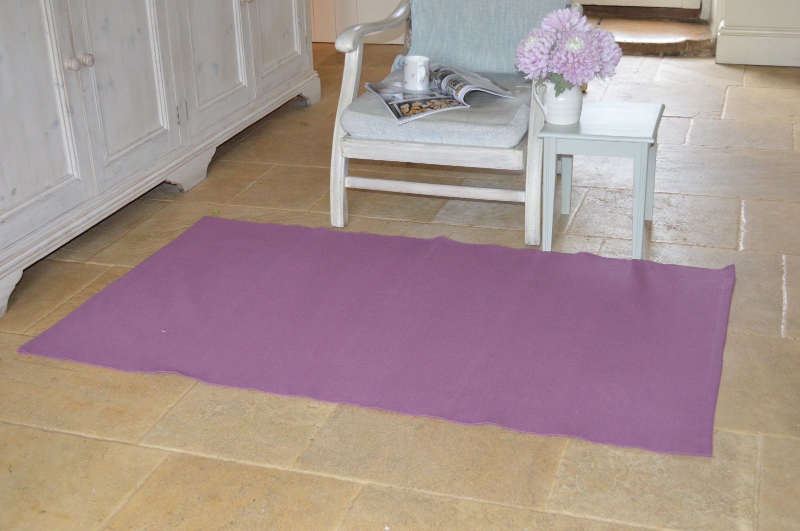 Floor Rug, 100% Cotton Plain Dyed Flat Weave Damson Wine 90x150cm 3x5' Quayside Home