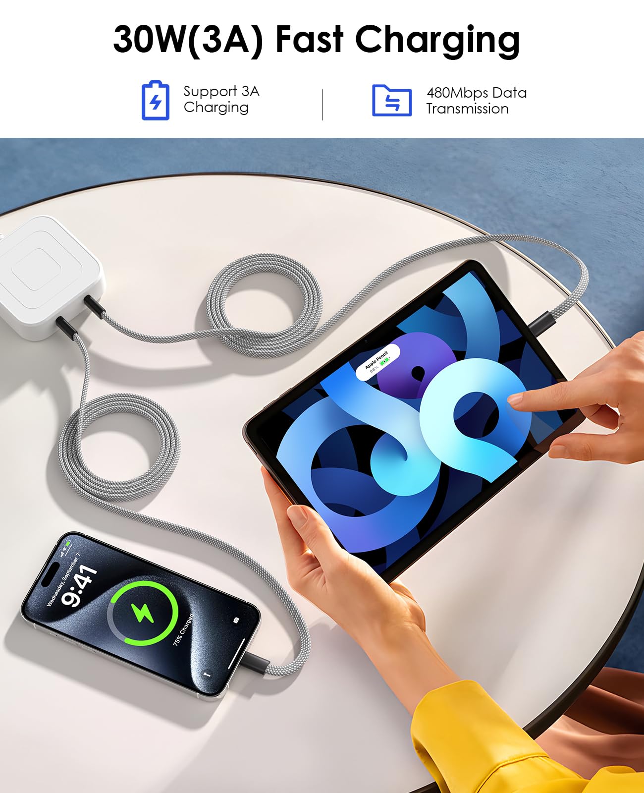 Magtame Cavo USB a USB C, cavo di ricarica magnetico piatto da 1,5 m, cavo USB C arrotolato, cavo di ricarica rapida retrattile tipo C, cavo USB C flessibile compatibile i- Phone 15 pro Max