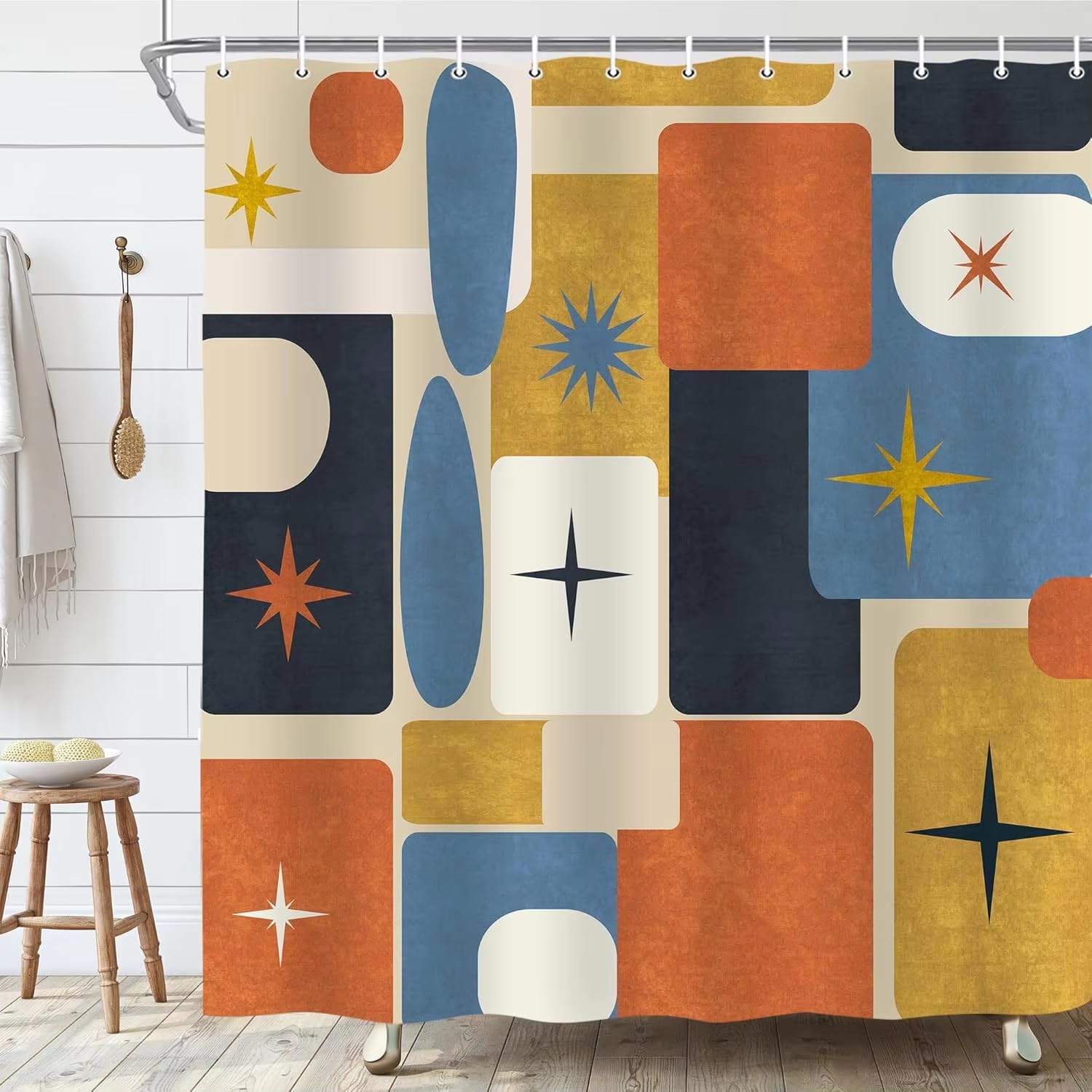 Duschvorhang 240x200 mit Geometrischem Sternenmuster im Mid-Century-Modern-Stil,Abstrakter Retro-Badezimmervorhang mit Haken,Ästhetischer,Wasserdichter Badewannenvorhang aus Polyestergewebe,Farbenfr