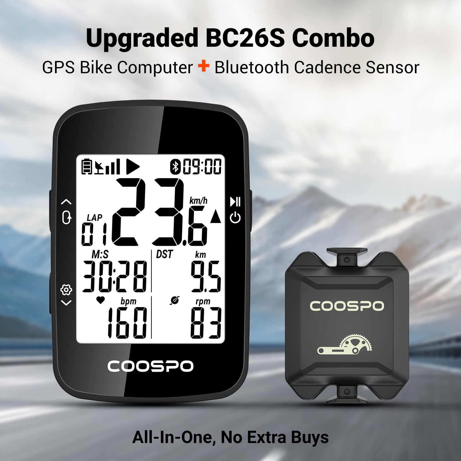 COOSPO BC26 Compteur Velo GPS, Bluetooth 5.0 Ordinateur Vélo Kilométrique Odomètre, Écran LCD rétroéclairé de 2.3 Pouces Compatible avec Strava, Route et VTT