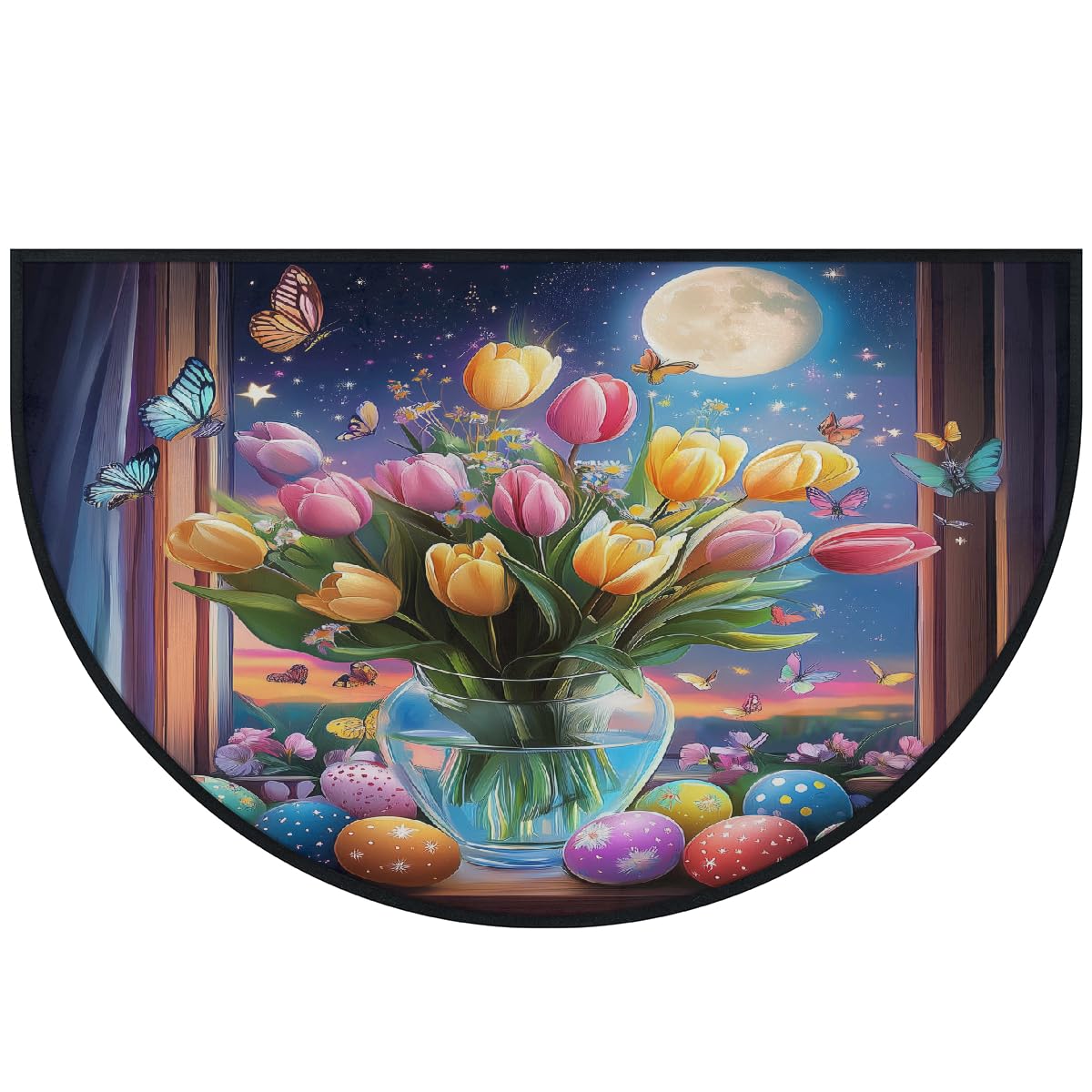 Mexpekil Paillasson demi-rond pour intérieur et extérieur - Motif œufs colorés, tulipes et lune - Demi cercle - Absorbant la saleté - 100 x 160 cm