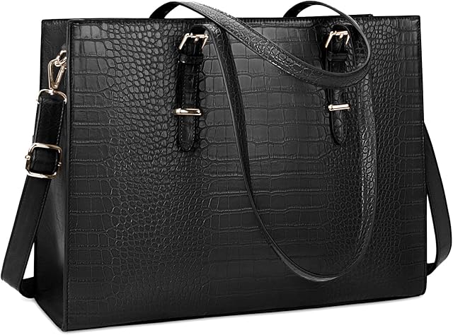 Lubardy Laptop Bags for Women Tote Bag 15.6 Inch Leather Large Ladies Handbag Work Bag Designer Business Shoulder Shopping Office Bag Black