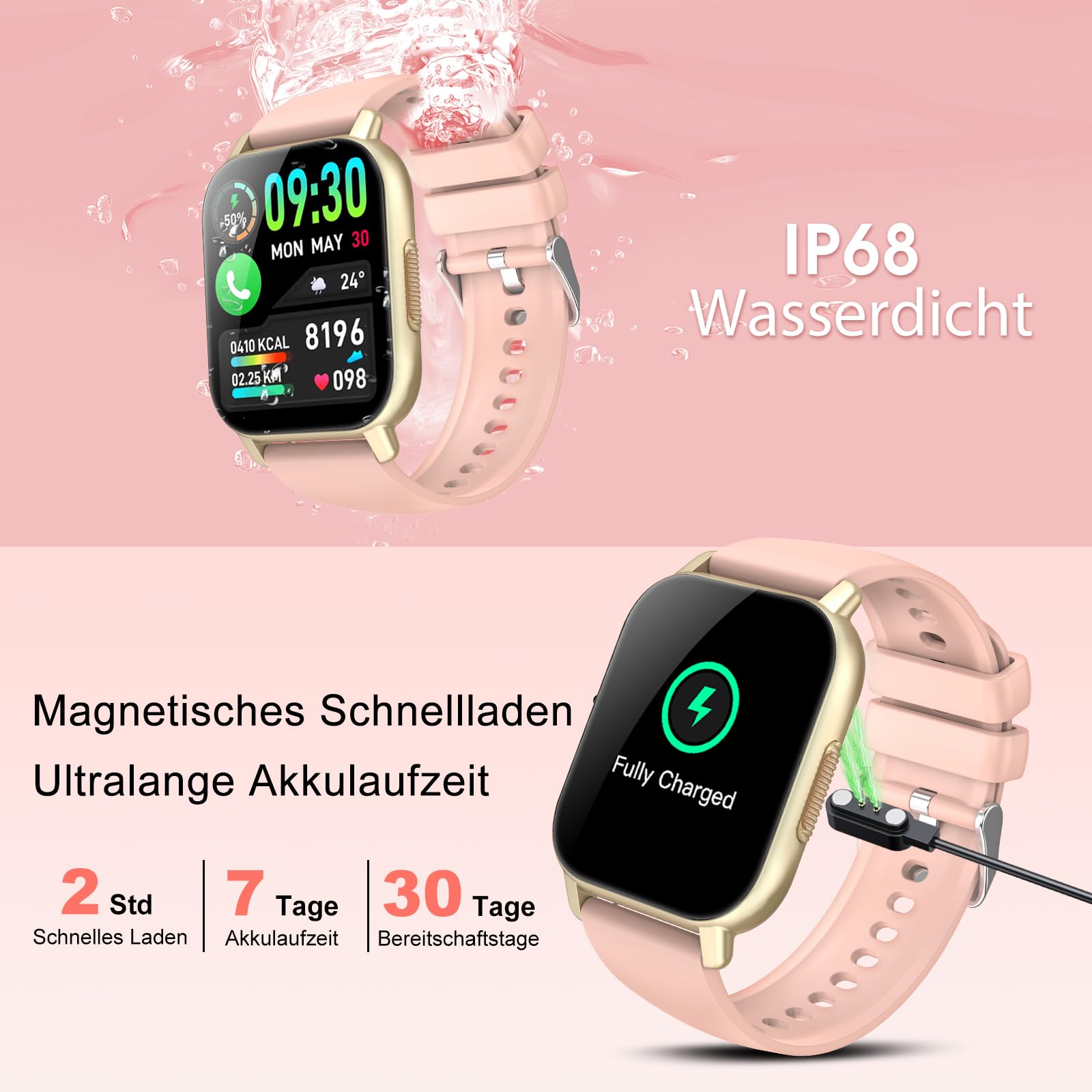Smartwatch Damen Herren mit Telefonfunktion, 1.85'' HD Smart Watch, 112+ Sportmodi Sportuhr mit Pulsuhr/Schlafmonitor, IP68 Wasserdicht Fitnessuhr mit Information Erinnerung für iOS Android, Roségold
