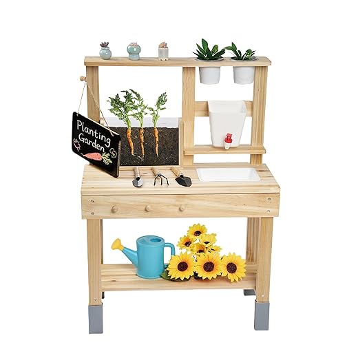 Kids Potting Bench, Garden Station to Grow Your own Vegetables, Plants and Flowers, Wooden Toy Gardening Center with Sink & Faucet, Blackboard, Garden Accessories, Storage Shelf