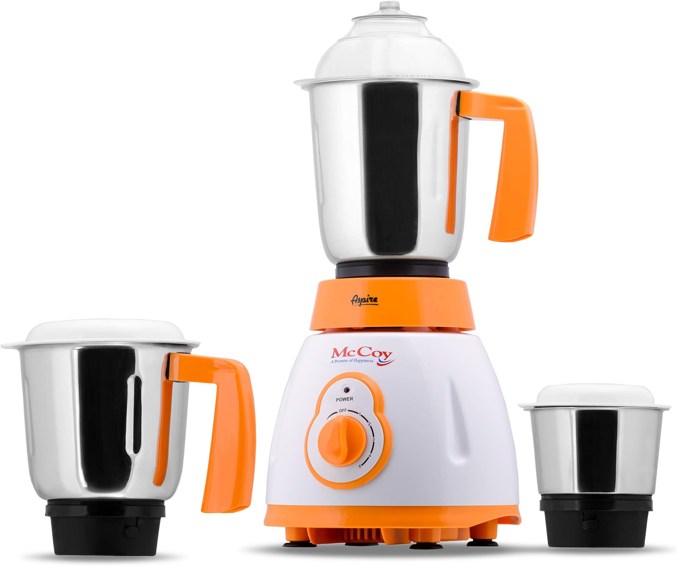 McCoy Aspire 500-Watt Mixer Grinder with 3 Stainless Steel Jars (White/Orange)