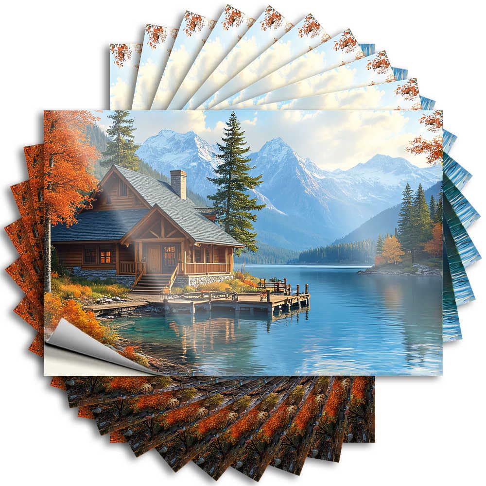 Funny Room Decor Exterior Tattoos - Cozy Cabin By The Lake in Autumn Hard Waterproof Vinyl Sticker(8X12CM)