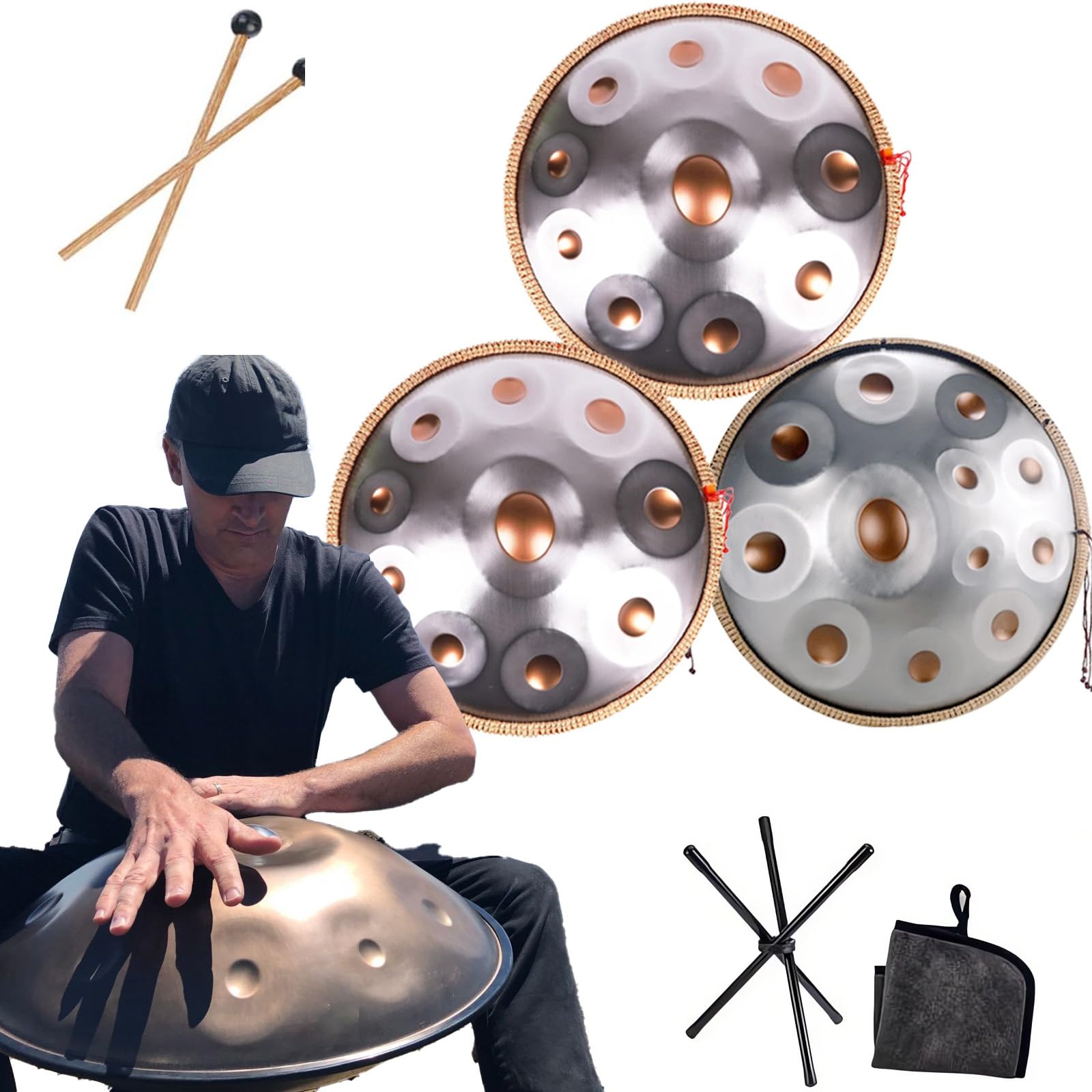 Instrument Handpan - 22 cale, 432 Hz/440 Hz, 9/10/12 nut - bęben Hand Pan dla dzieci i dorosłych, instrument stalowy z pałeczkami do trójnogu i torbą (rozmiar: 432 Hz, kolor: ZŁOTY+SREBRNY_9 NUT)