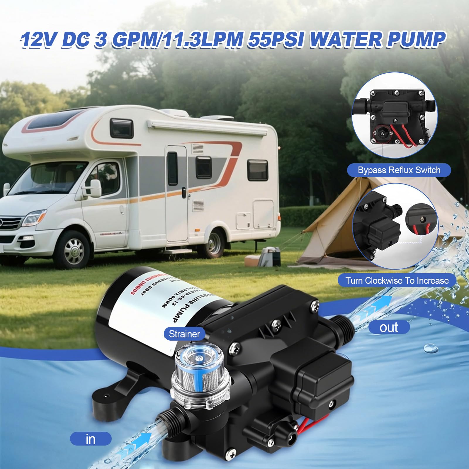 Selbstansaugende Wasserpumpe 12v für Wohnmobil, 4008-101-E65 Druckwasserpumpe 12v Wohnmobil, 4-Kammer-Membranpumpe mit einstellbarem Druckschalter (55 PSI/3,8 bar), PVC & Kupfer, 3 GPM/11.3 LPM