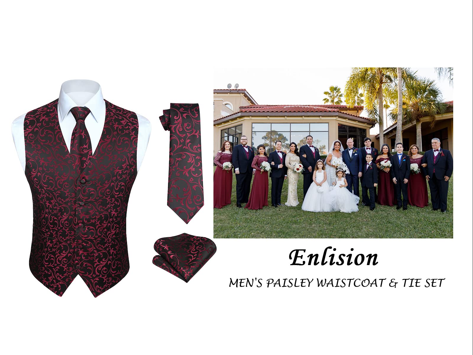 Enlision Chaleco de Vestir Hombre Boda Jacquard Paisley Elegante Chalecos Traje Corbata y Pañuelo Floral de Fiesta