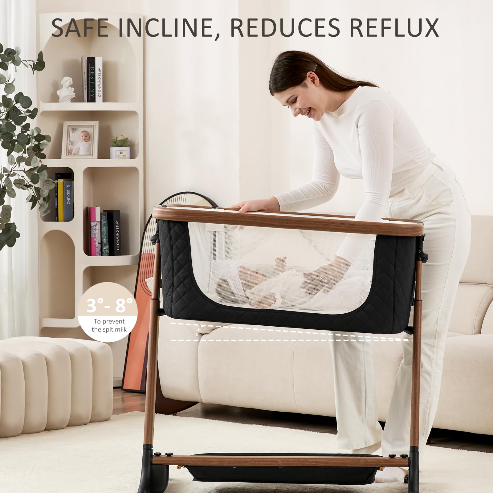 ANGELBLISS Electric Baby Bassinet Bedside Sleeper with Auto Rocking, Remote/Touch Control, 3 Timer Modes, 12 Sounds, 6 Heights, Storage & Wheels (Black) | Breathable Mesh — view 6
