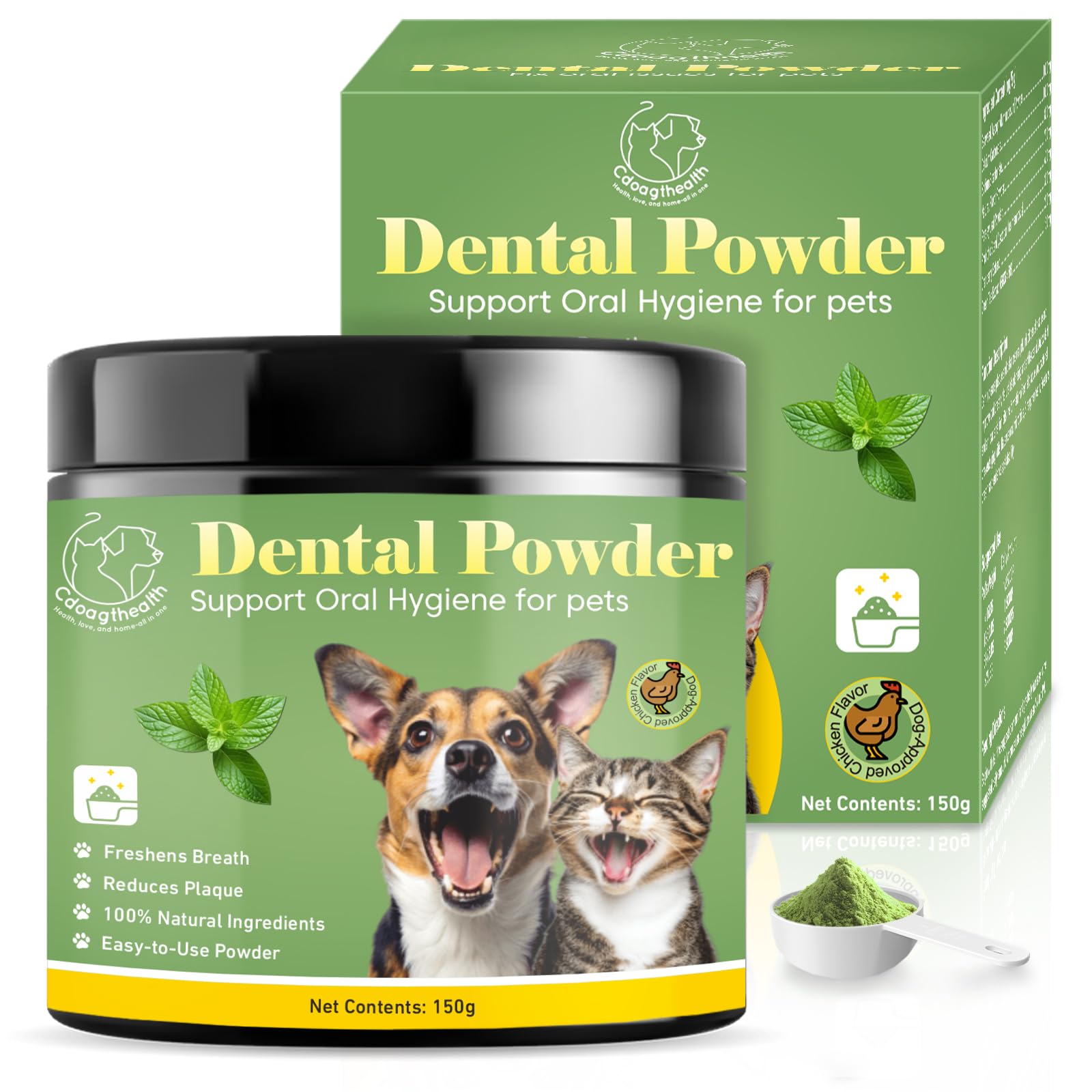 Dog Dental Powder - Plaque and Tartar Control with Bad Breath Freshener for Dog and Cat, Easy-Use Teeth Cleaning Powder with Mint,Suitable for All Breeds & Sizes,60 Day Supply