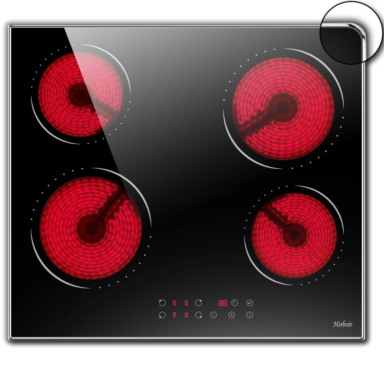Hobsir 4 Burner Electric Cooktop, Touch Control Built-in Electric Stove 24 inch Ceramic Cooktops with Glass Protection Metal Frame,Timer & Kid Safety Lock, 220-240v 6000W, Hard Wired(No Plug)