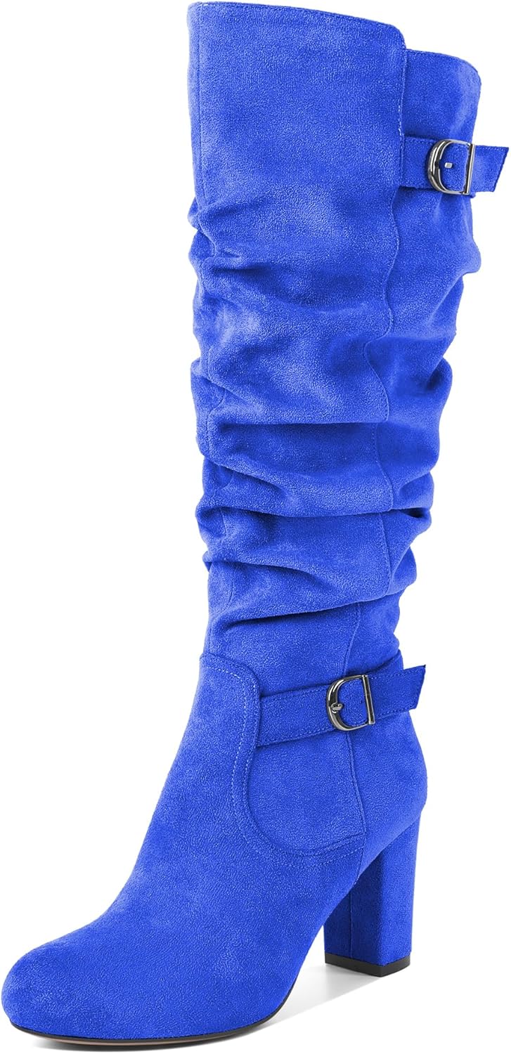 Zamikoo Slouchy High Heel Boots for Women Knee High Chunky Heel Boots Round Toe Slouch Metal Buckle Side Zipper Tall Boots 3.5 Inches