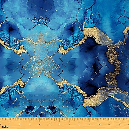 Tela de tapicería azul dorado, tela de arte abstracto de mármol por The Yard, tela decorativa de textura de mármol para tapicería y detalles del