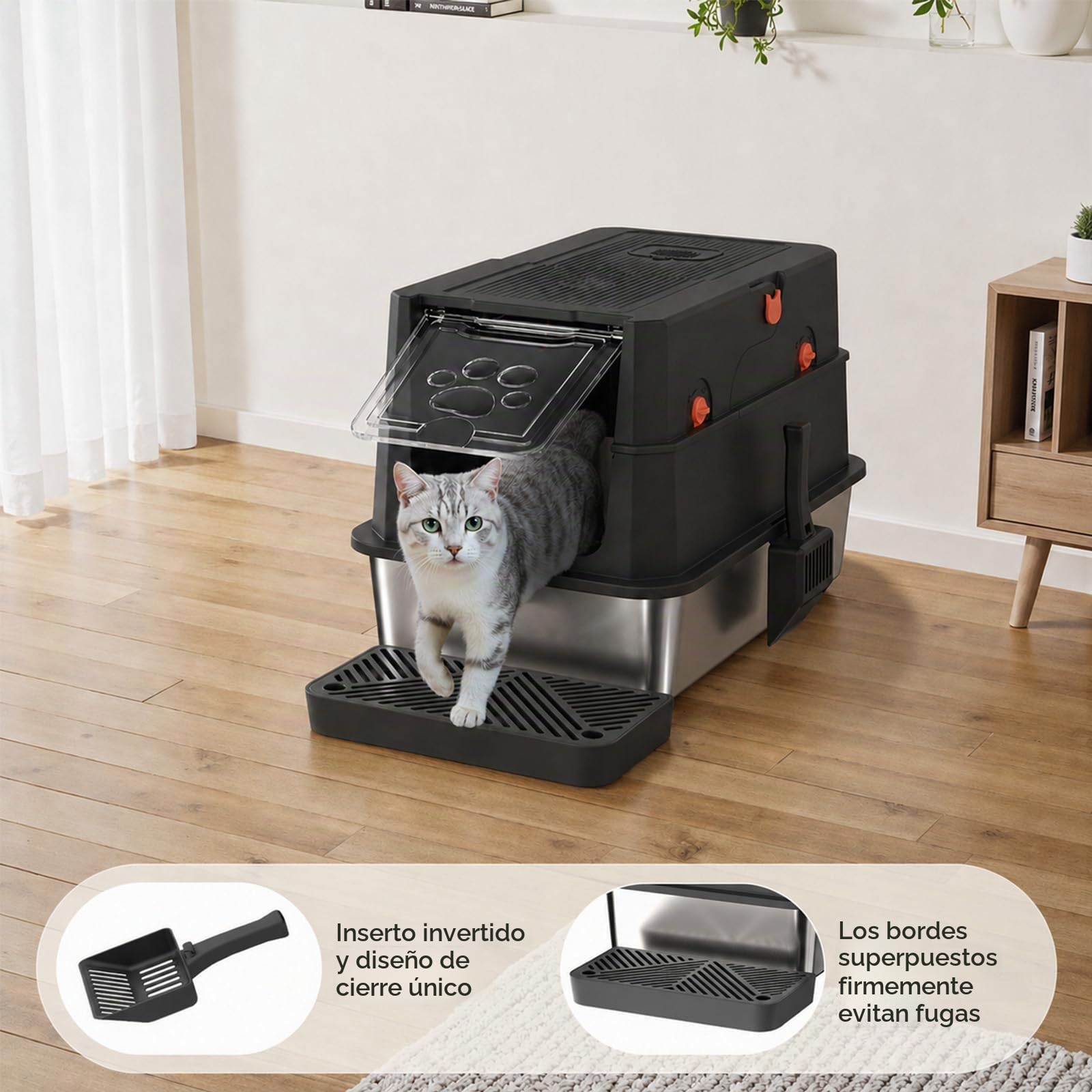 Gimars Caja de Arena para Gatos 3 en 1 de Acero Inoxidable con Laterales Altos y Antifugas, Caja de Arena Cerrada Extragrande de Fácil Limpieza con Pala, Entrada Frontal y Superior para Varios Gatos