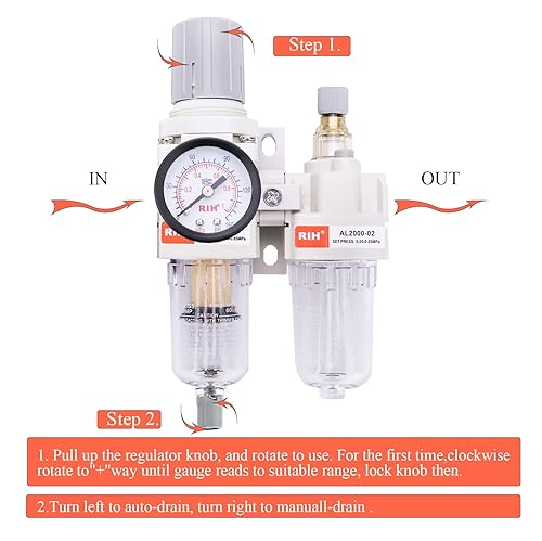 Miniatura 33 de RIH Pneumatics - Regulador de filtro de aire comprimido NPT de 1/2 pulgada, lubricador combinado separador de trampa de agua/aceite, calibre