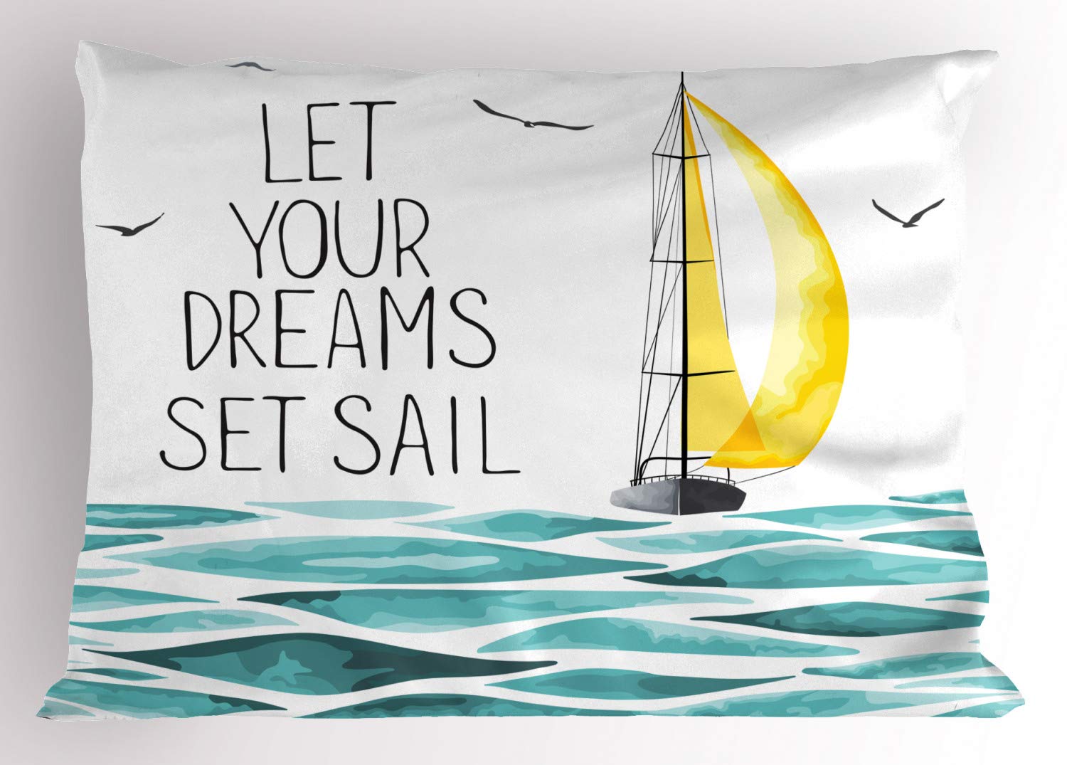 Ambesonne Sailboat Pillow Sham, Let Your Dreams Set Sail Message Ogee Patterned Watercolored Waves, Decorative Standard Queen Size Printed Pillowcase, 30" X 20", Sky Blue