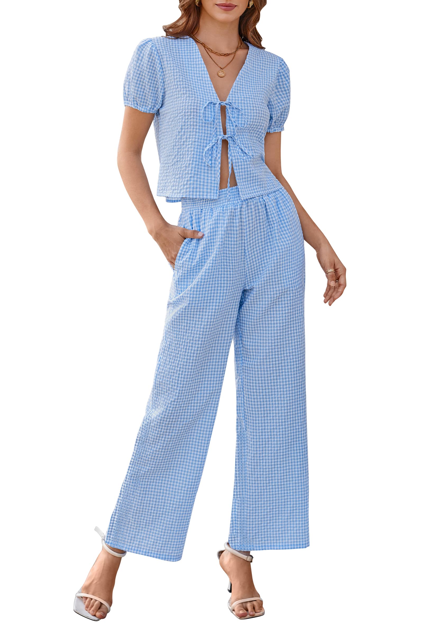 SYNEELIFE Women Y2k Gingham Sets Going Out Plaid Matching Pant Set Puff Short Sleeve Bow Tie Front Tops Pajamas Lounge Pants