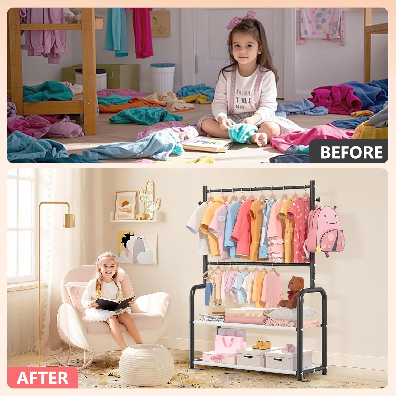 Kids Clothing Rack with 2-Layer Storage Shelf and 2 Adjustable Hanging Rods,Dress Up Rack for Hanging Clothes,Dress up Storage for Baby Toddle Kids(Classic, Black)