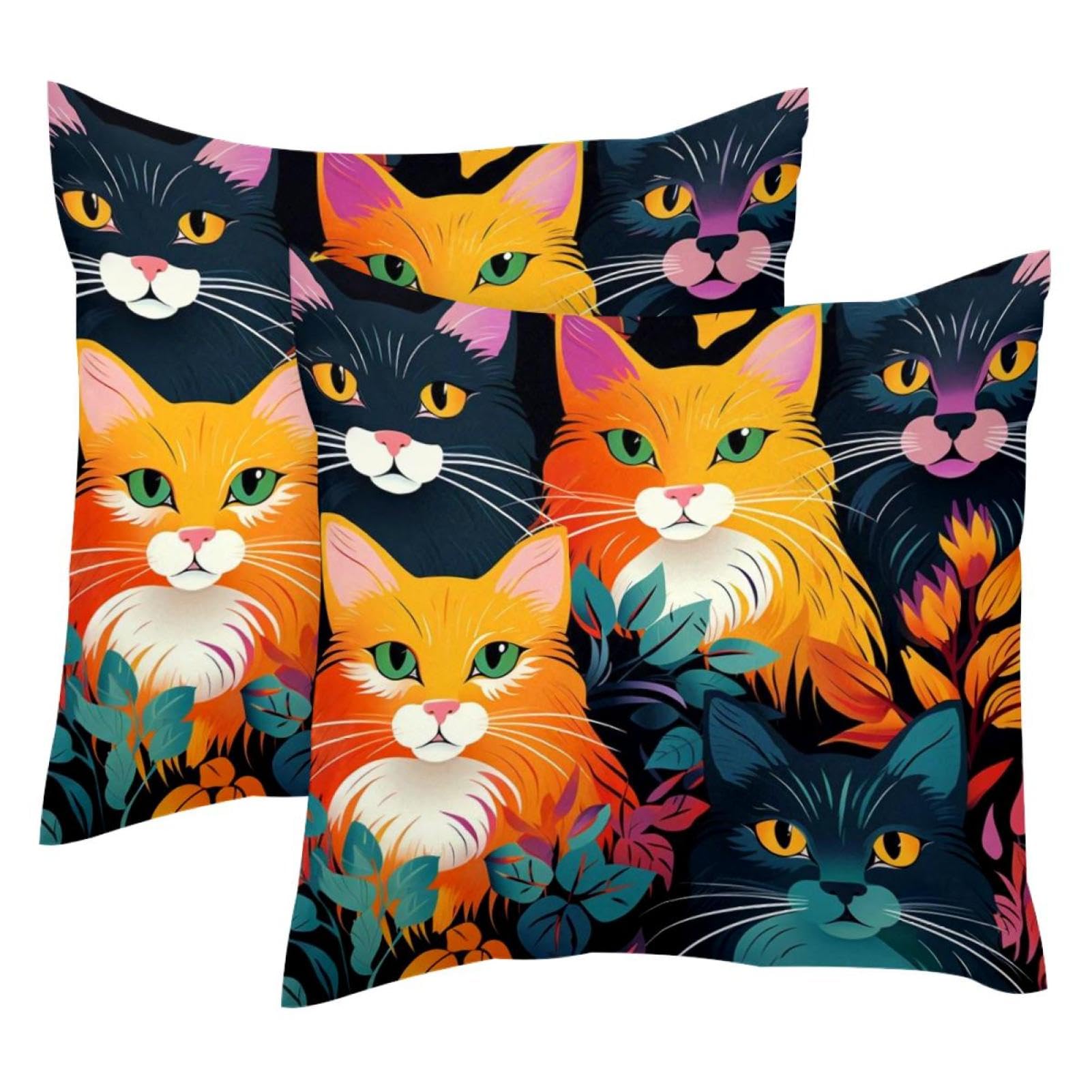 Coussin chat en velours 50x50 cm, lot de 2 housses lavables anti-plis