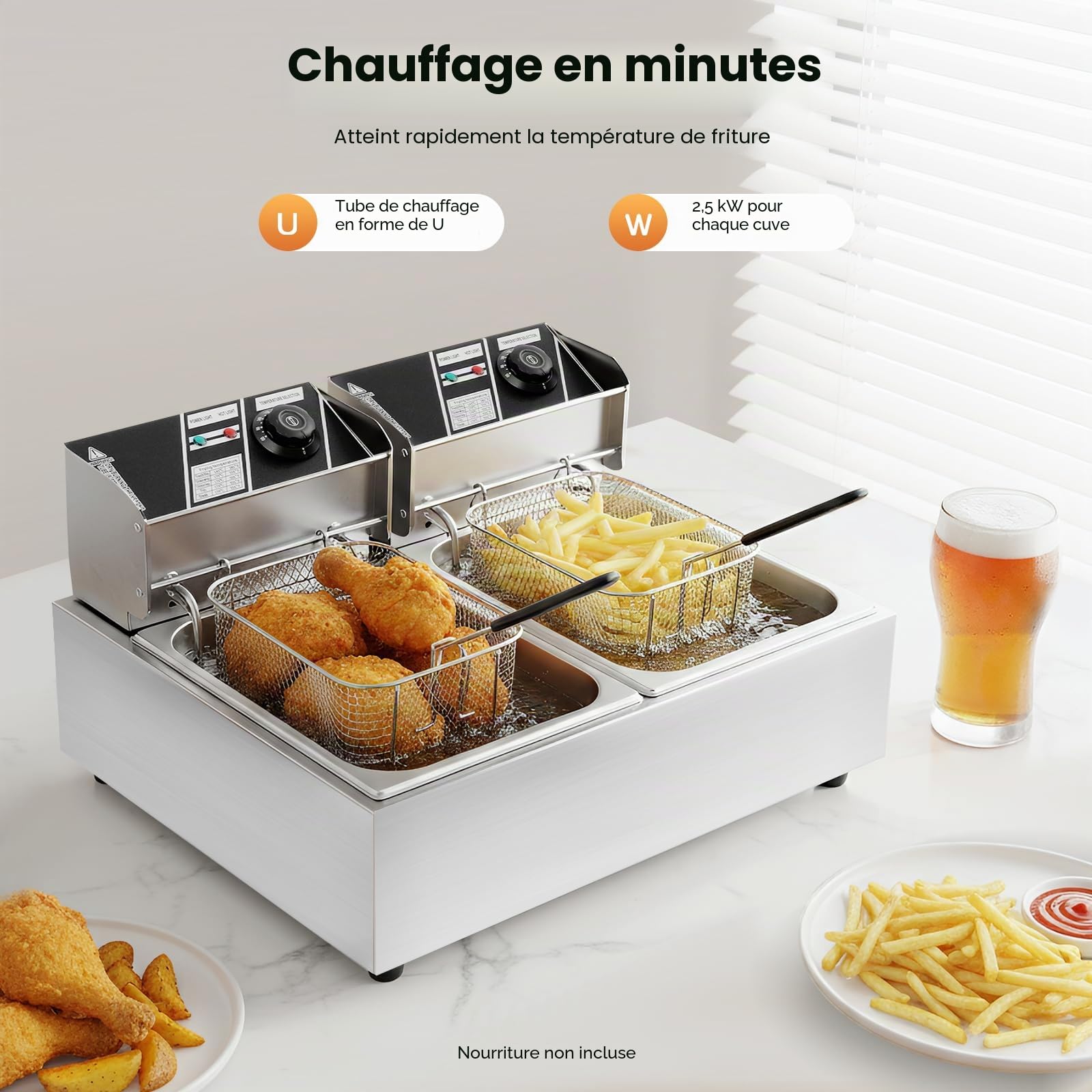 Friteuse commerciale, 2 x 6 l, électrique, à double réservoir, avec panier et couvercle anti-poussière, double friteuse à huile en acier inoxydable, chauffage rapide, contrôle indépendant de