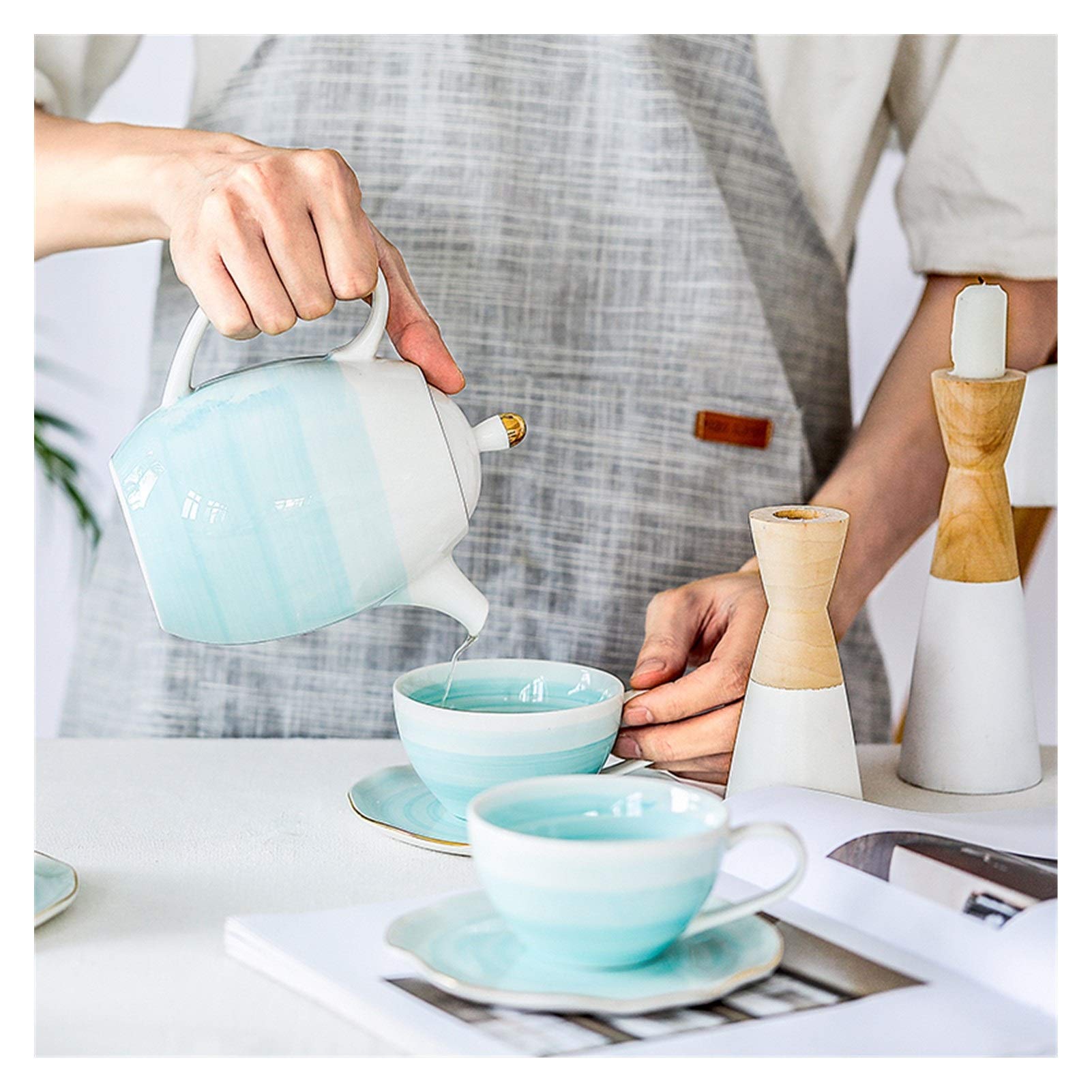 Tazas de café grandes de cerámica, Juego de taza y platillo té cerámica multicolor con cuchara bañada en oro, paquete 2(Roze)