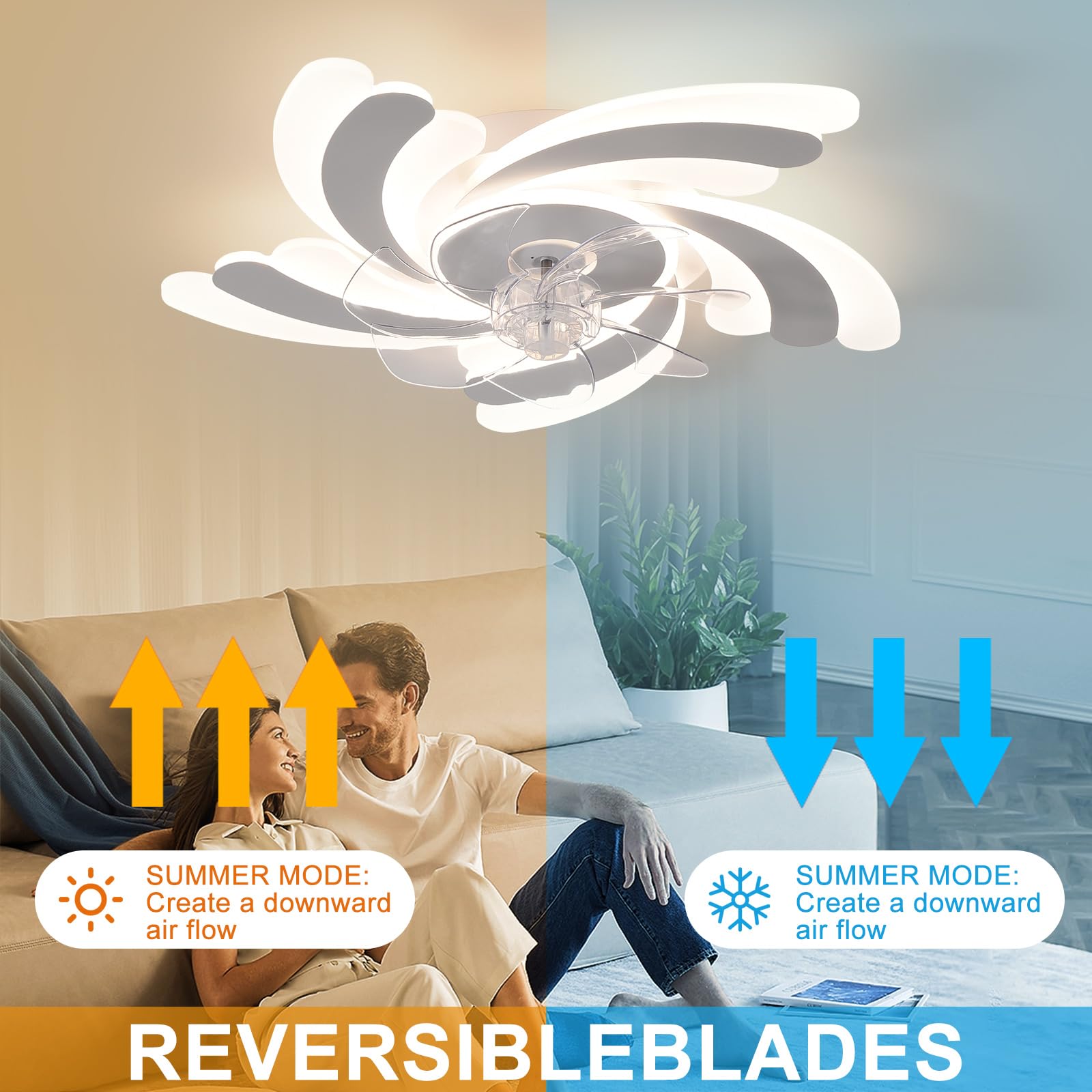 ZHMDJDSH Geometric Ceiling Fan with Lights, 6 Speeds 3 Colors 24" Ceiling Fan with Light Remote Control, White Low Profile Flush Mount Ceiling Fan for Kitchen Bedroom