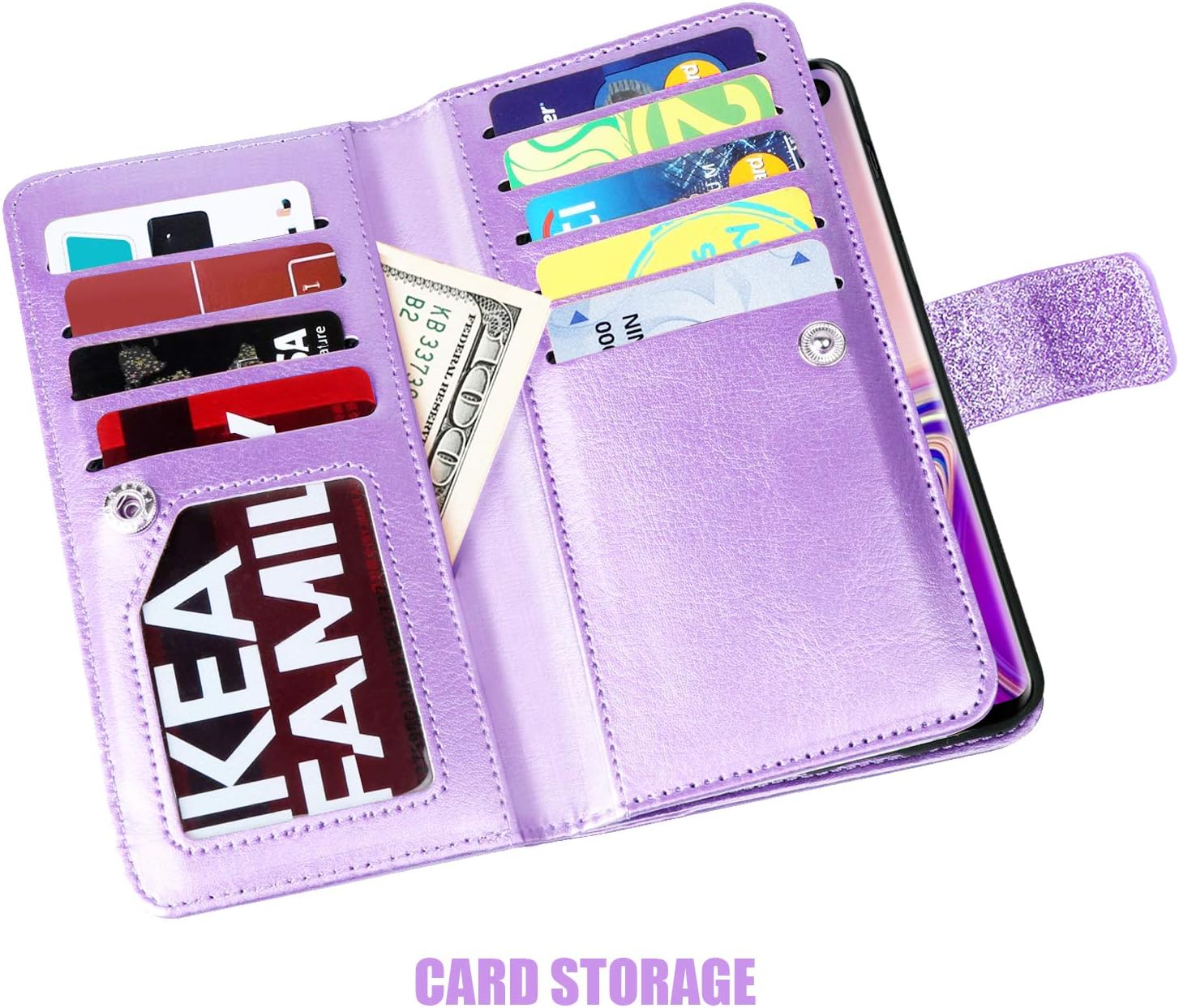 Fingic Samsung S10 Plus Case, Glaxy S10 Plus Case, Glitter Sparkle Cover 9 Card Holder PU Leather Detachable Wrist Strap Wallet Case for Women Protective Case for Samsung Galaxy S10 Plus 6.4", Purple