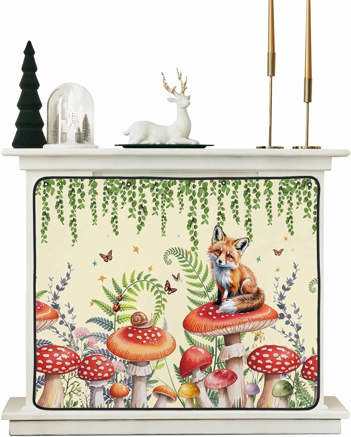 Magnetic Fireplace Cover Red Mushroom Fox Fireplace Screen Decorative Eucalyptus Leaves Butterfly Beige Insulation Fireplaces Blocker Save Energy Fireplaces Draft Stopper Covers for Living Room 39x32