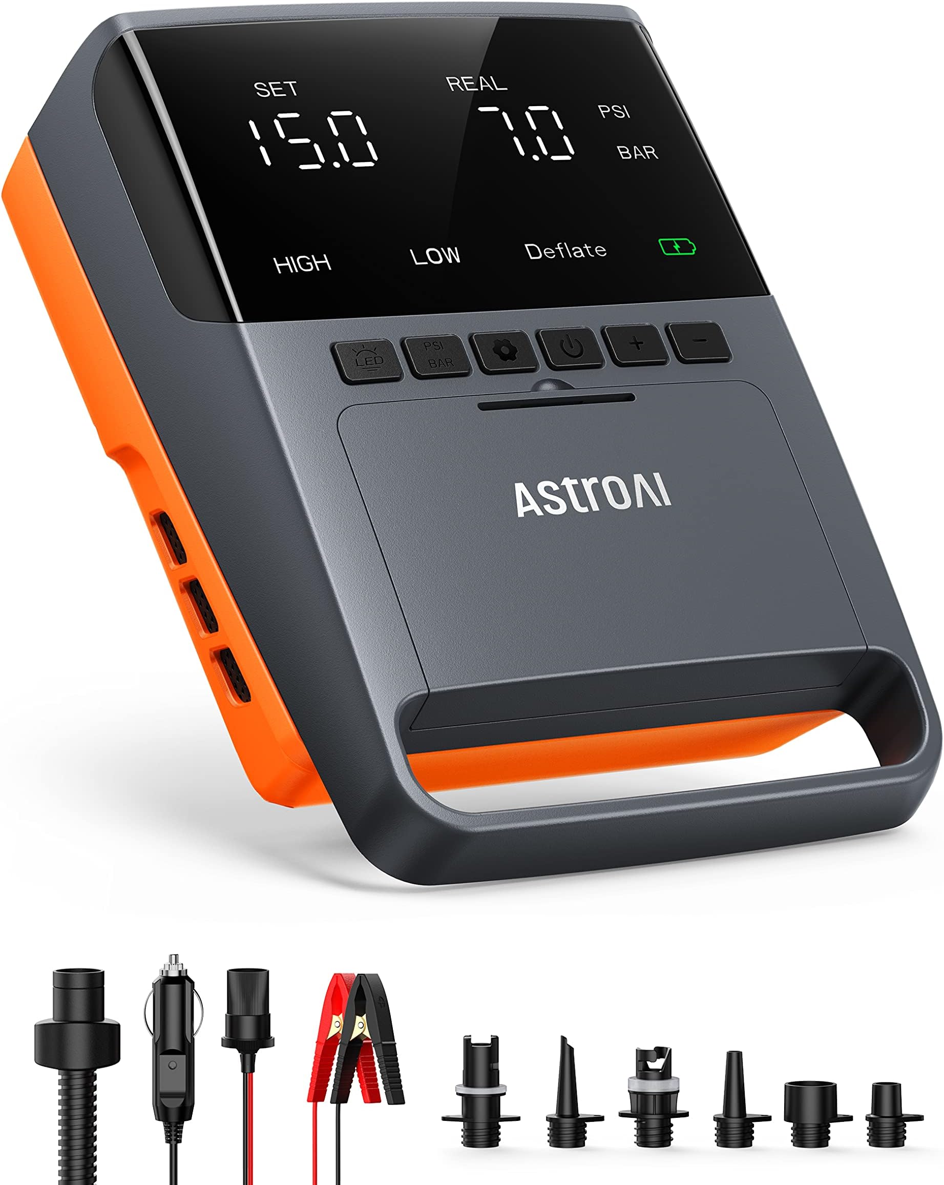 AstroAI Paddle Board Pump,20 PSI High-Pressure SUP Electric air Pump, DC Metal Structure Dual-Stage Inflation&Paddle Accessories,7.5 inches LED Screen Air Deflation for SUP,Inflatable Boat, Orange