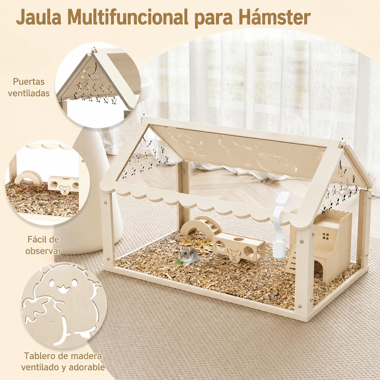 Jaula para Hámster, Hábitat Transparente de Acrílico para Hámsteres Enanos y Pequeños Roedores con Escalera, Túnel y Casa, 60 × 30 × 40 cm