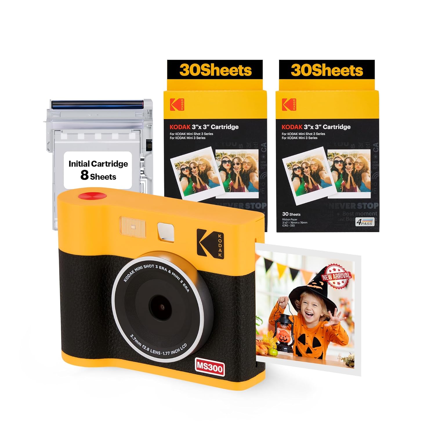 KODAK Mini Shot 3 ERA 4PASS 2-in-1 Instant Camera and Photo Printer (Yellow, Camera + Initial 8 Sheets + 60 Sheets)