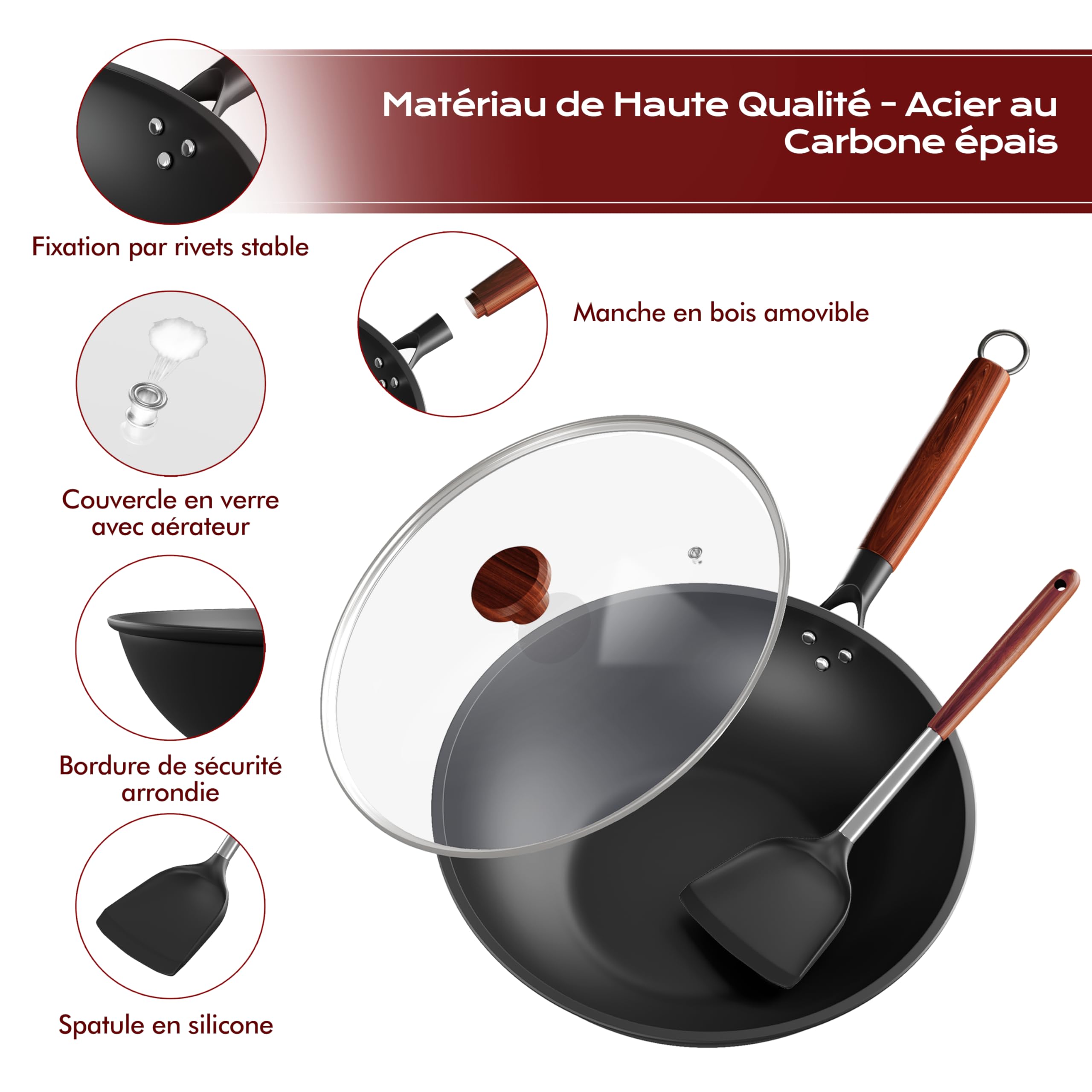33cm Wok avec Couvercle et Spatule en Silicone, Convient pour la Préparation de Plats pour 3-6 Personnes, Wok Induction avec les Plaques de Cuisson à Induction, électriques et à Gaz