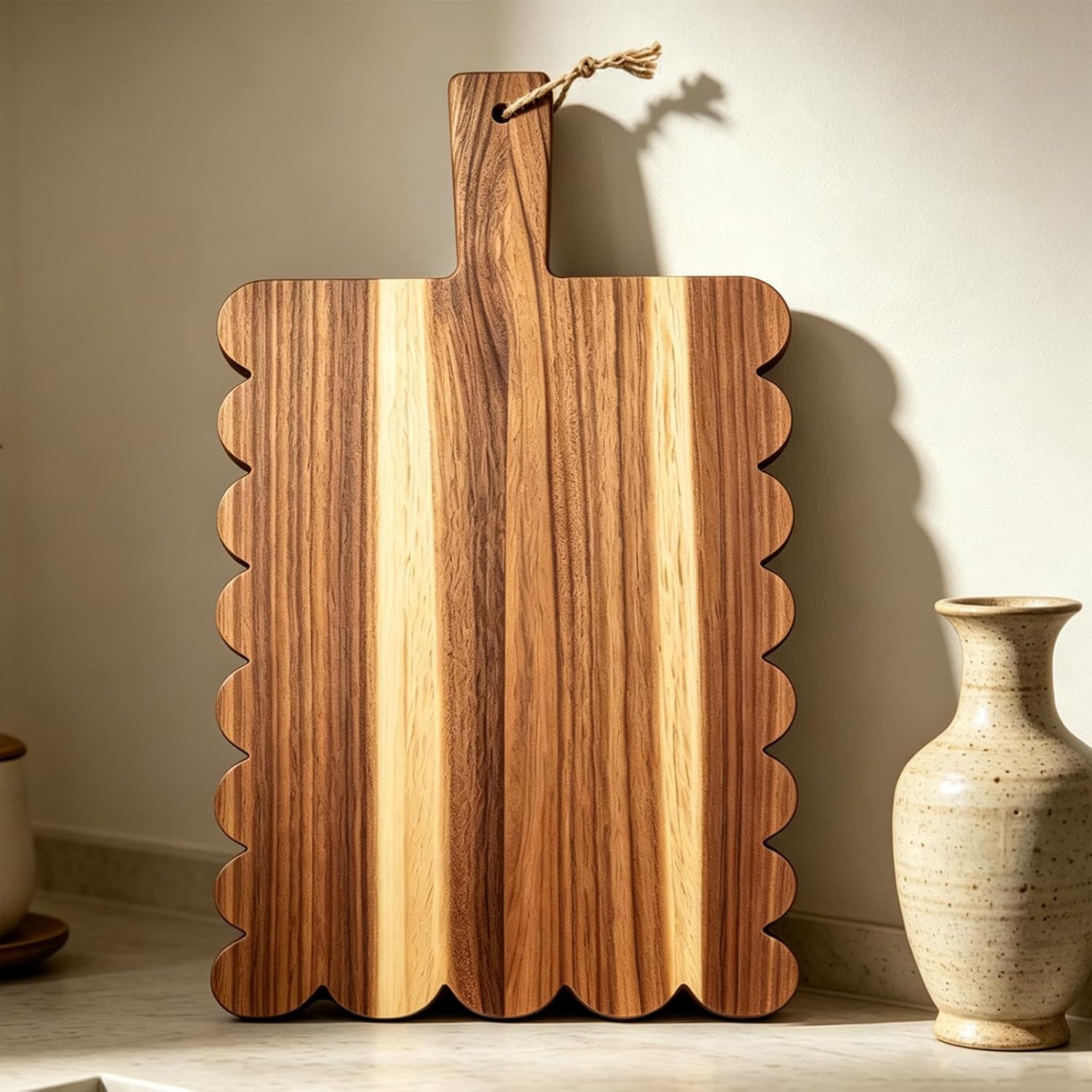 Acacia Wood Scalloped Cutting Boards, Decorative Wooden Charcuterie Boards with Handle, Wooden Chopping Blocks for Bread Cheese Meat Fruit, Cottagecore Grandmillenial Kitchen Decor