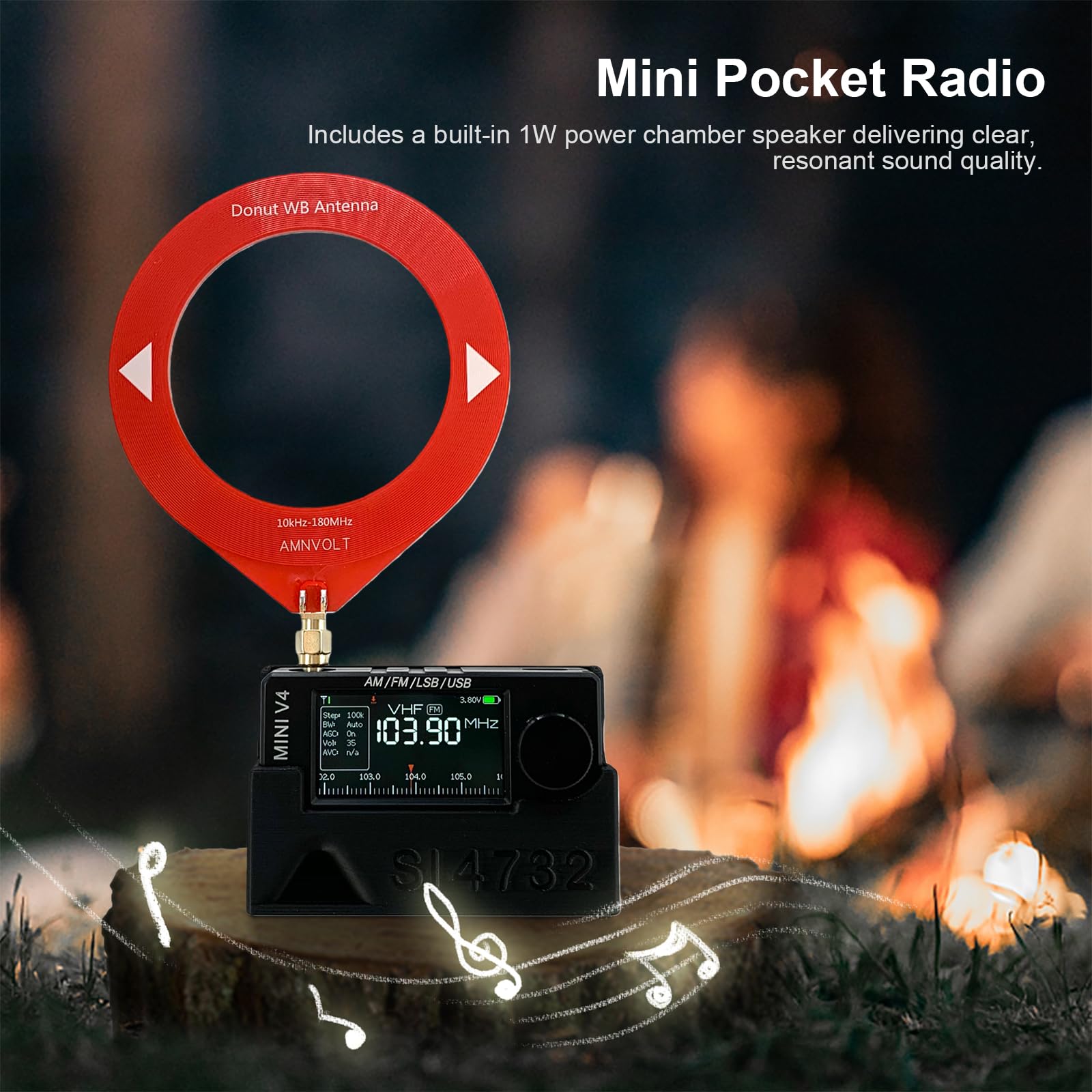 Radio AMNVOLT V4 ATS Mini con Soporte y Amplificador de Auriculares, Receptor portátil Am FM con Pantalla IPS de 1,9 Pulgadas para Senderismo, Camping y excursiones