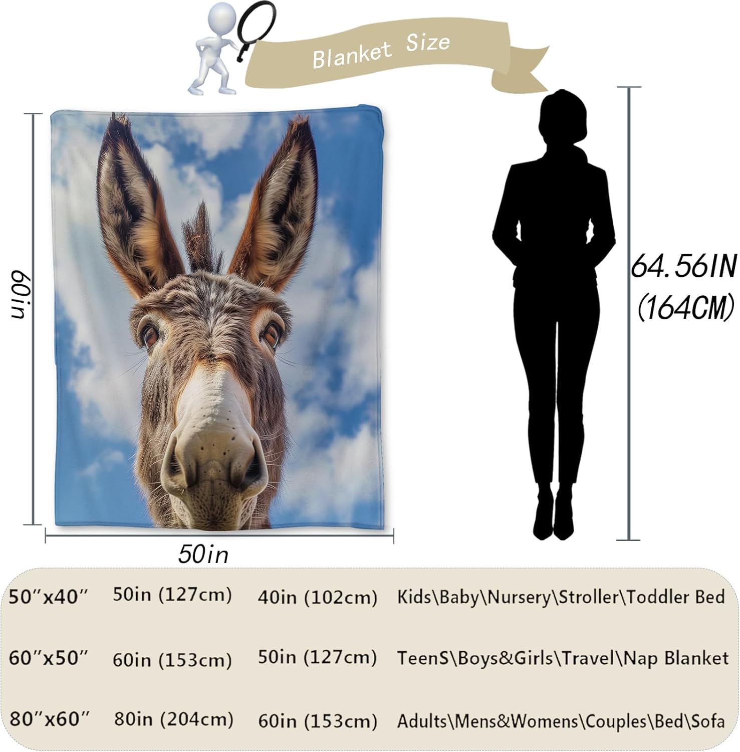 Cute Donkey Blanket Soft Animal Flannel Throw Blanket for Adults Kids Women - Warm, Cozy, Lightweight, Fluffy, Fuzzy for Couch, Bed, Travel & Outdoor 50×60 in