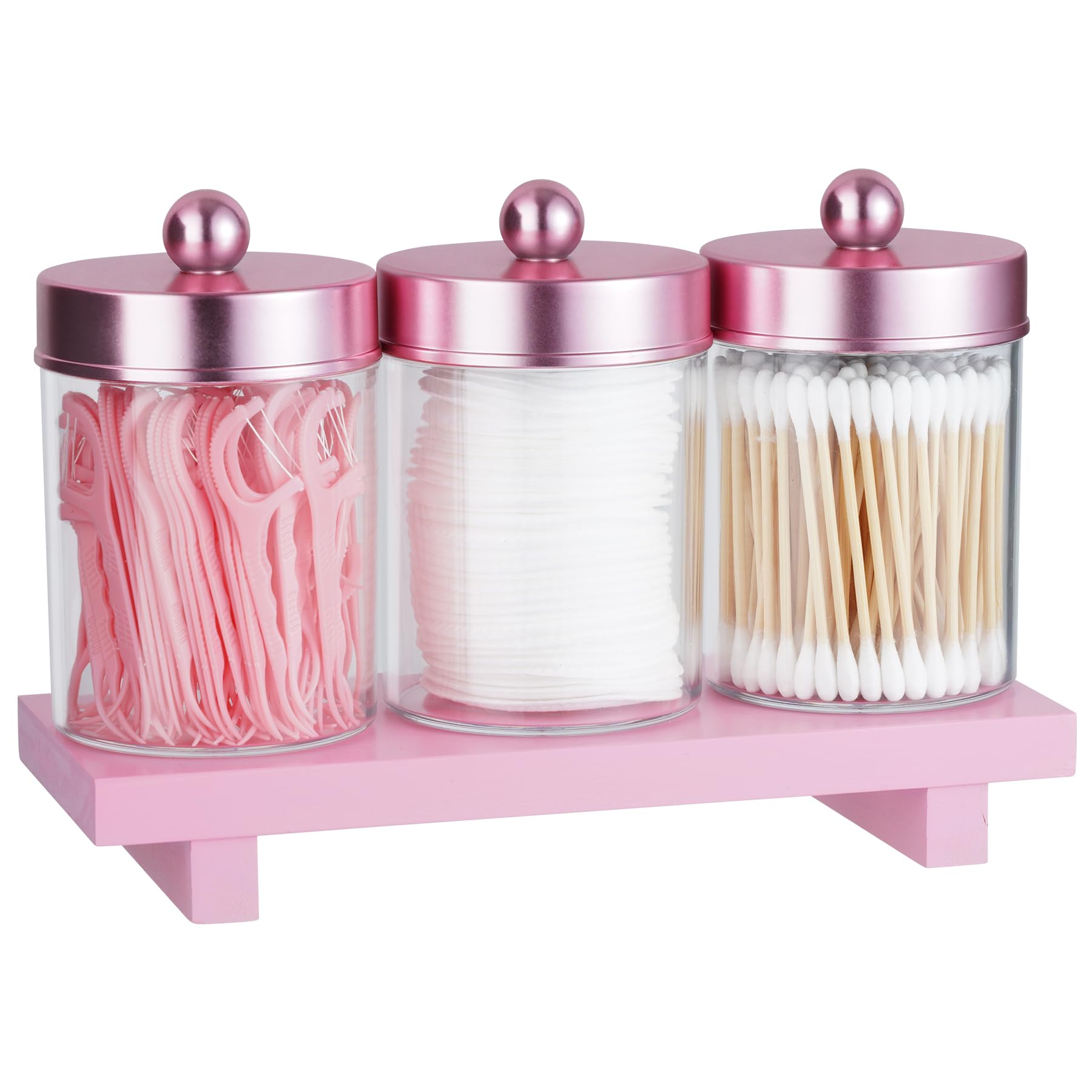 3 Pack Qtip Holder - Apothecary Jars with Lids, Bathroom Organizers and Storage Canister Tray for Cotton Balls,Swabs,Floss Picks,Hair Ties,Pink Clear Vintage Bathroom Decor Jar Set (Pink)