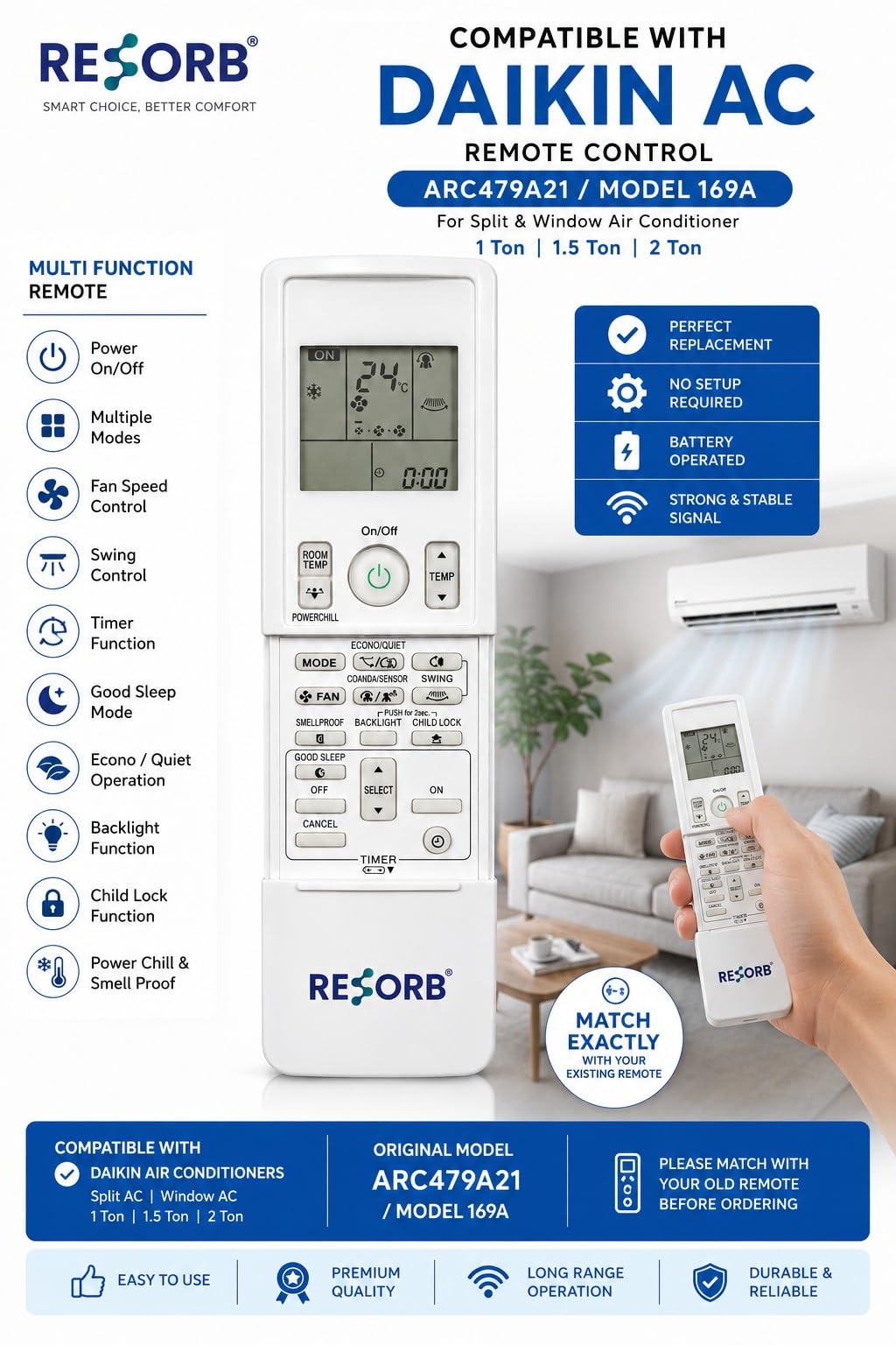 AC Remote Compatible with Daikin Air Conditioner | Replacement for ARC479A21 Model Split & Window AC 1 Ton 1.5 Ton 2 Ton | White RE 169A 1