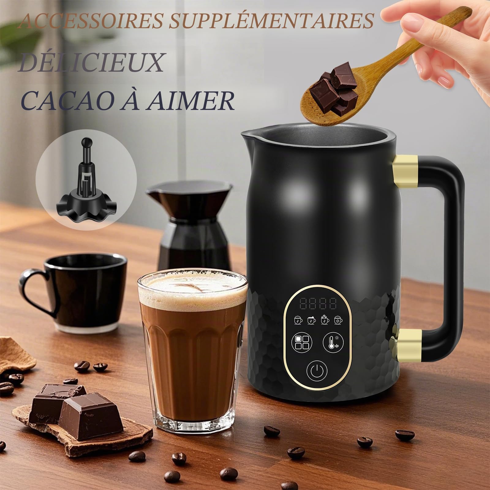 Mousseur électrique 4 en 1 - lait pour chocolat chaud et mousse chaude/froide - Contrôle de température, 2 fouets pour cappuccino