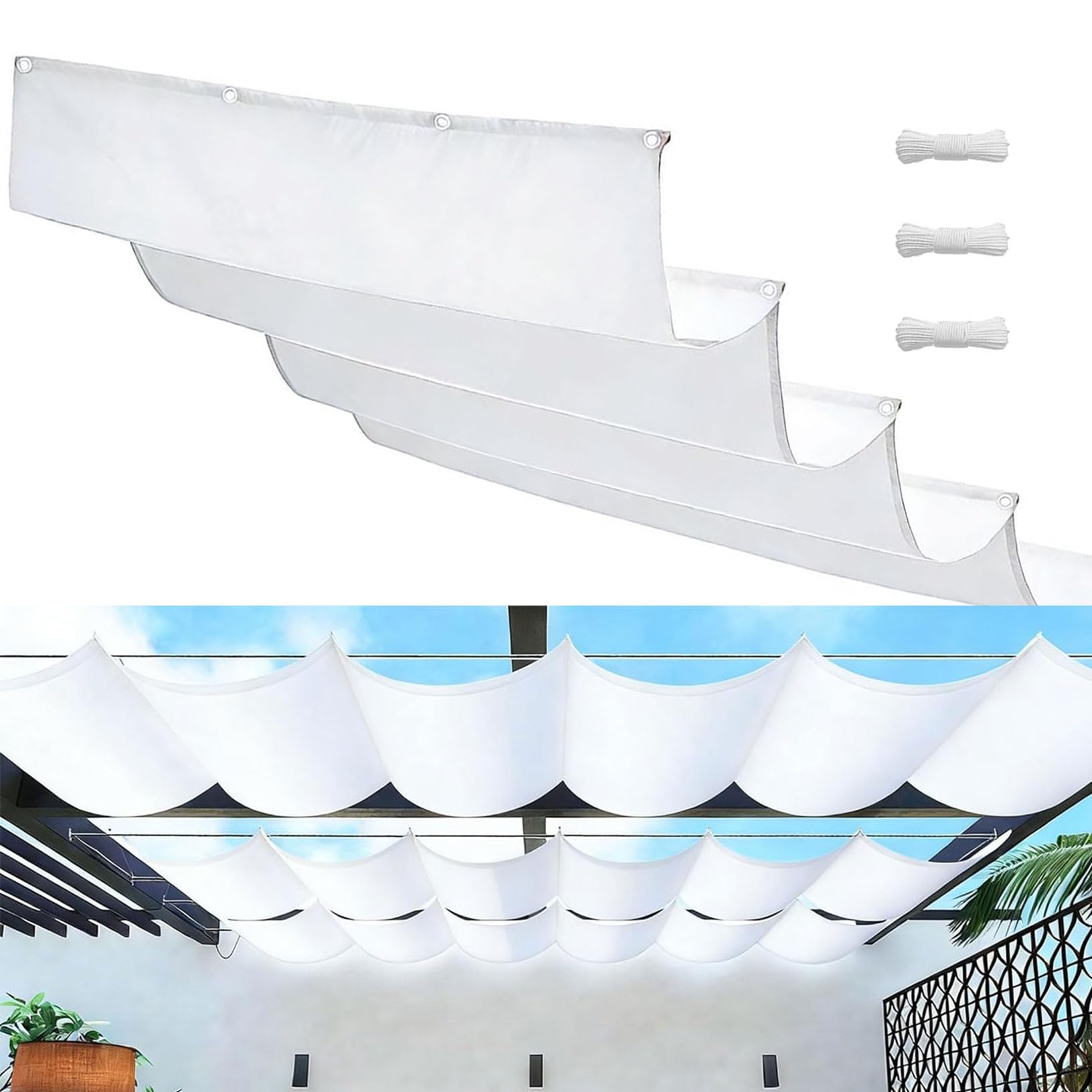 Sonnensegel Verstellbar Welle 120 x 400 cm Nach Maß Verstellbar 95% Uv-Schutz Wasserdicht Sonnensegel Balkon Inkl. Befestigungsseilen für Balkon Terrasse Garten Pool Camping, Weiß