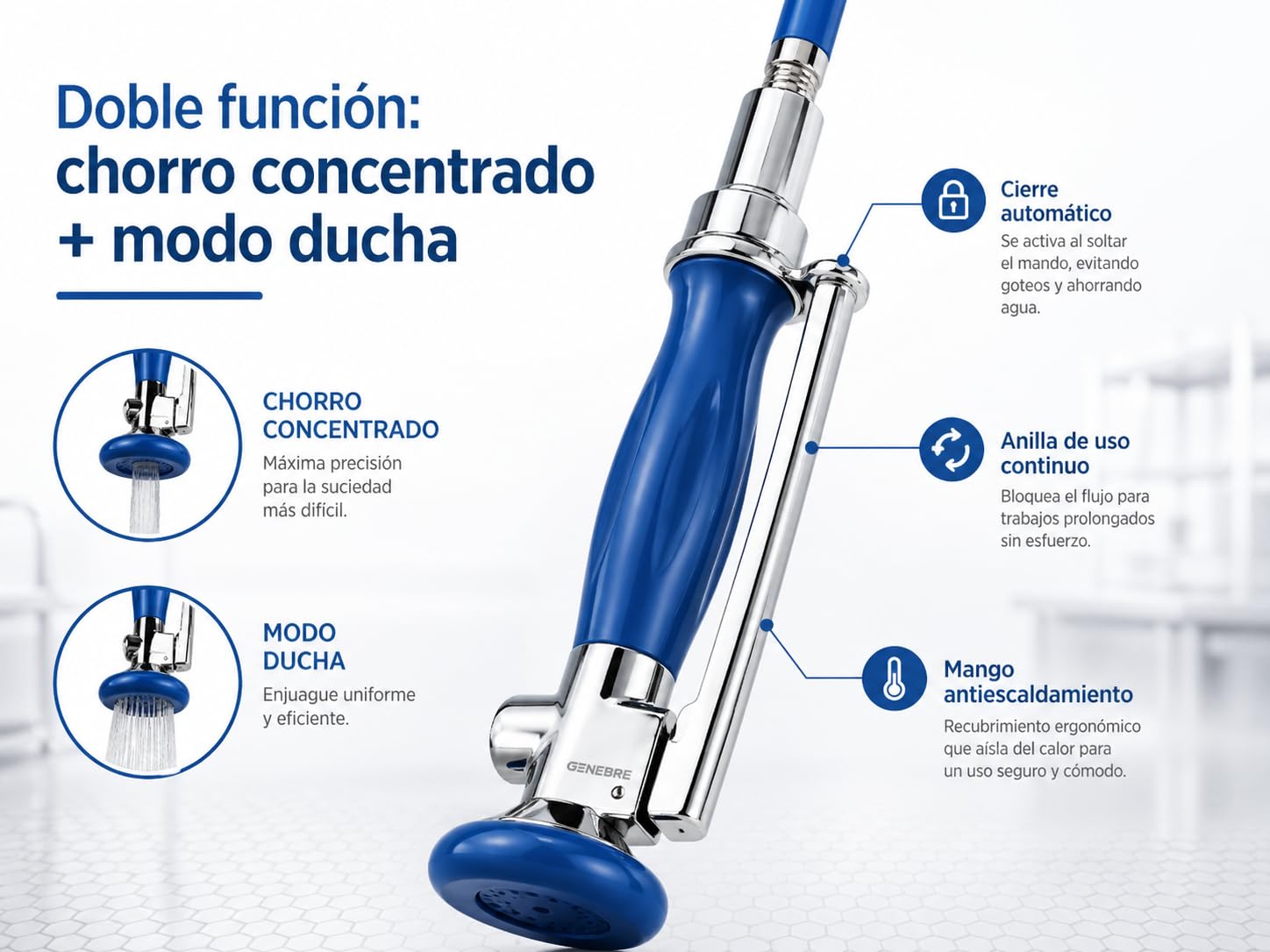 Genebre - Columna Prelavado Cocina Profesional con Grifo Mezclador Mural Monomando | Ducha Industrial con Flexo Acero Inoxidable AISI 304 | Grifo Hostelería Alta Presión